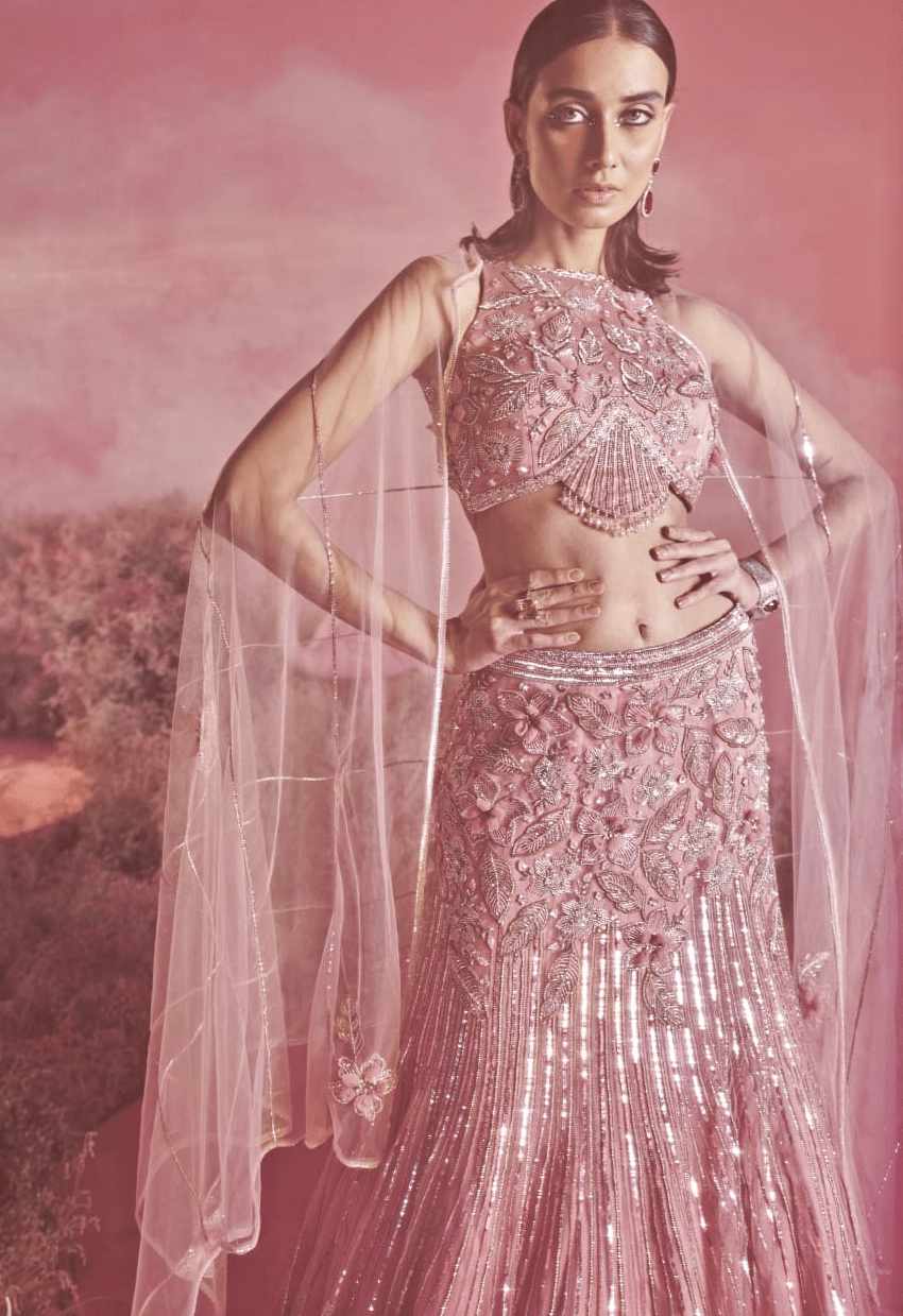 Blush Pink 3D Floral Mesh Mermaid Lehenga (3-Piece) - Image 6