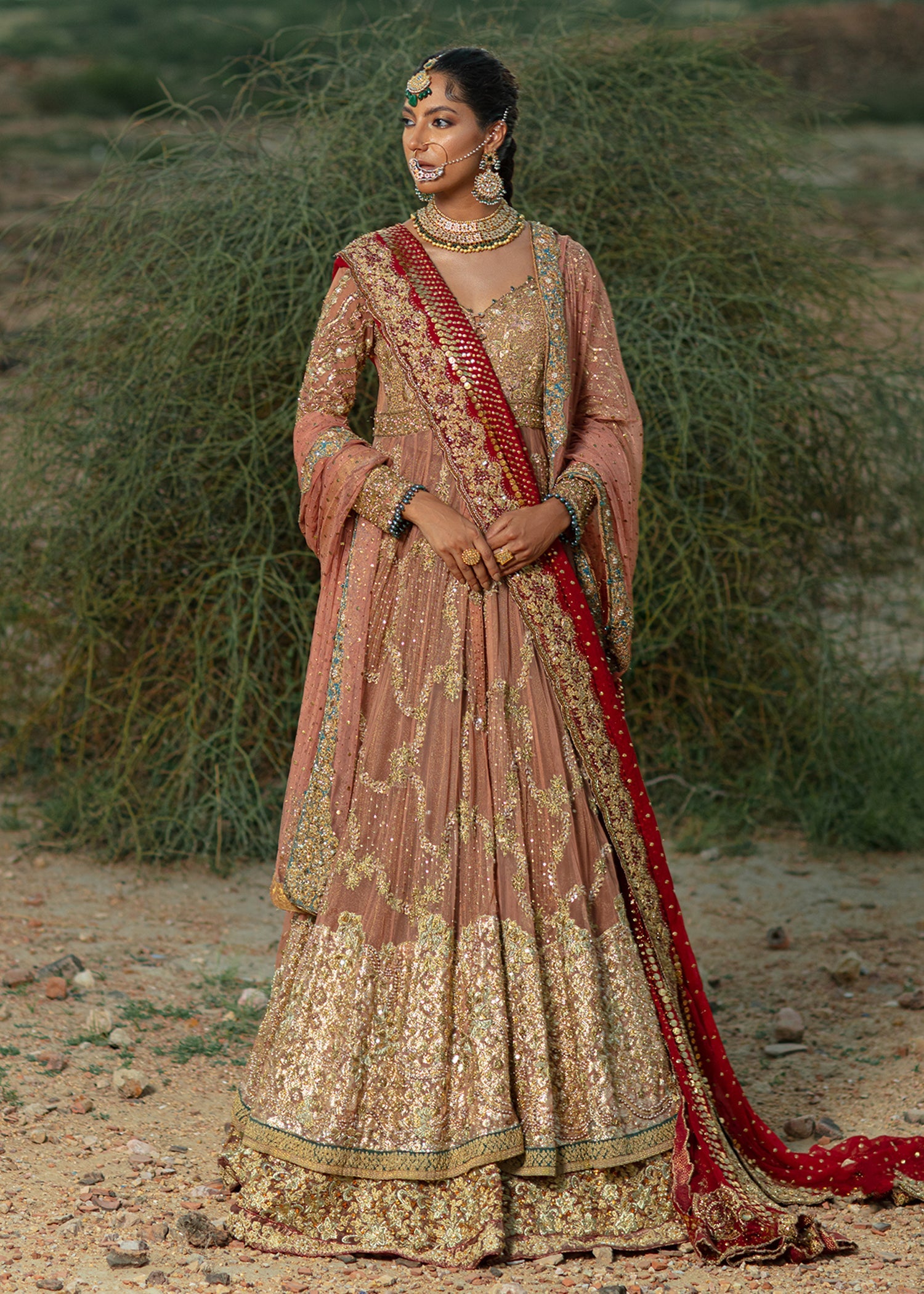 Coral Embellished French Net Gown with Mesori Lehenga (3-Piece) - Image 1
