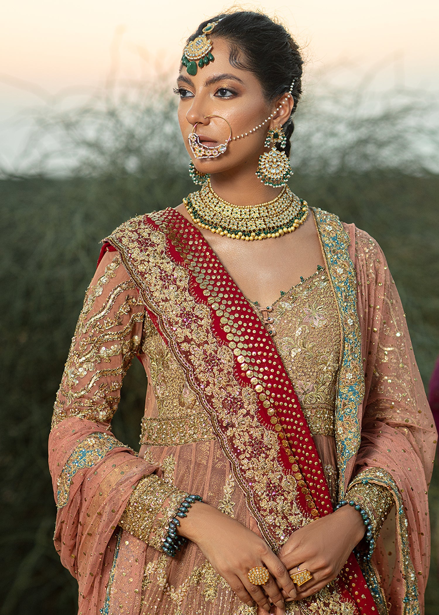 Coral Embellished French Net Gown with Mesori Lehenga (3-Piece) - Image 2