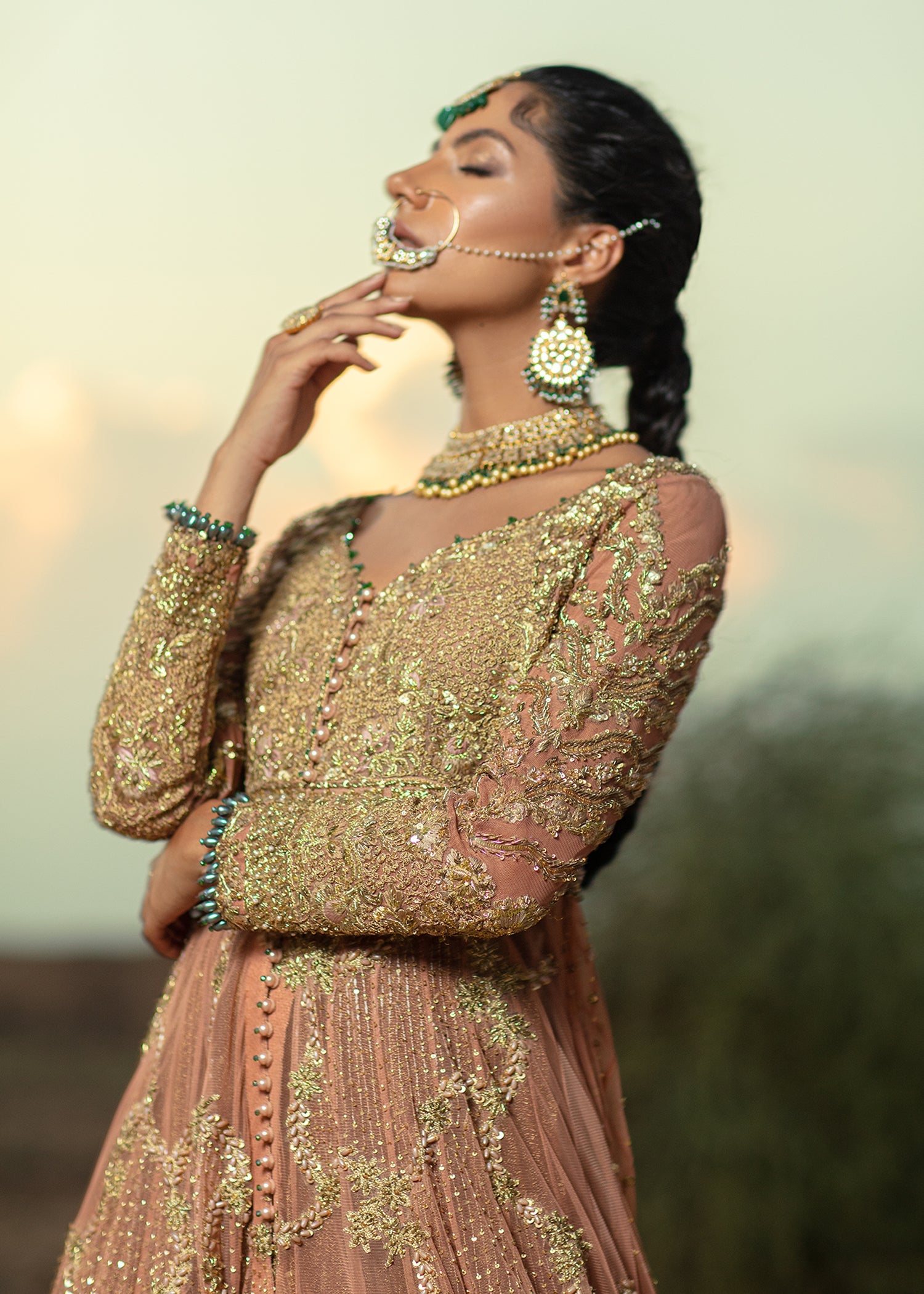 Coral Embellished French Net Gown with Mesori Lehenga (3-Piece) - Image 3