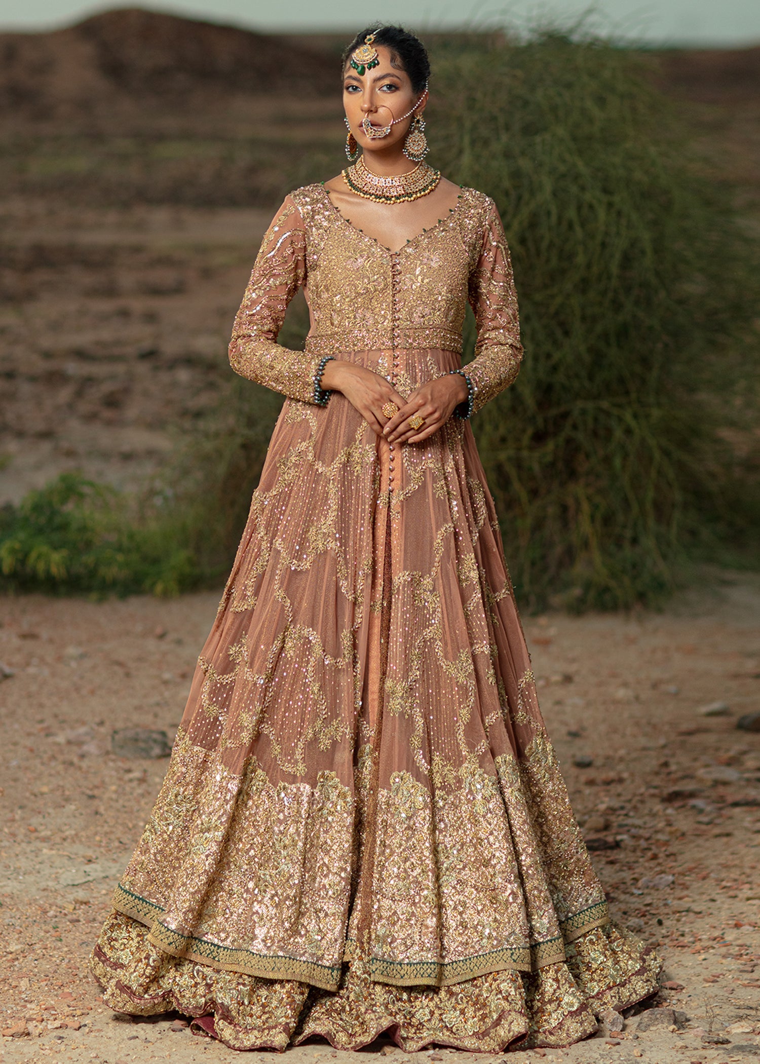 Coral Embellished French Net Gown with Mesori Lehenga (3-Piece) - Image 4