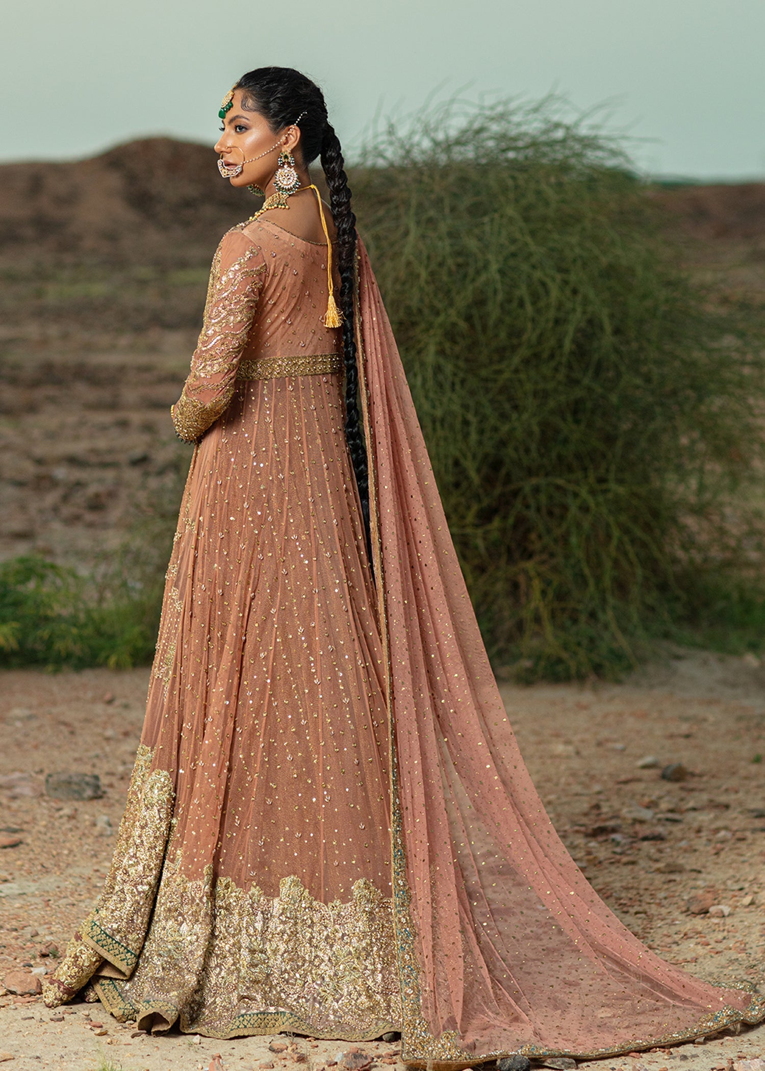 Coral Embellished French Net Gown with Mesori Lehenga (3-Piece) - Image 5