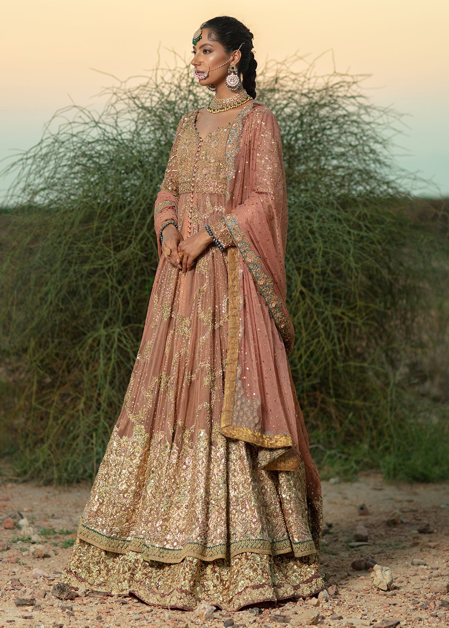 Coral Embellished French Net Gown with Mesori Lehenga (3-Piece) - Image 6