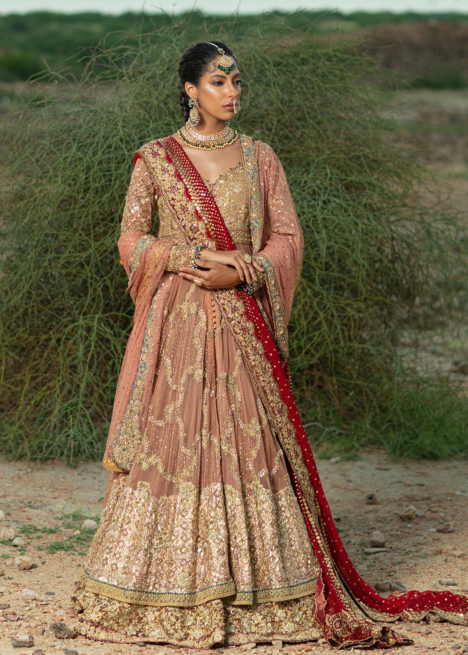 Coral Embellished French Net Gown with Mesori Lehenga (3-Piece) - Image 7