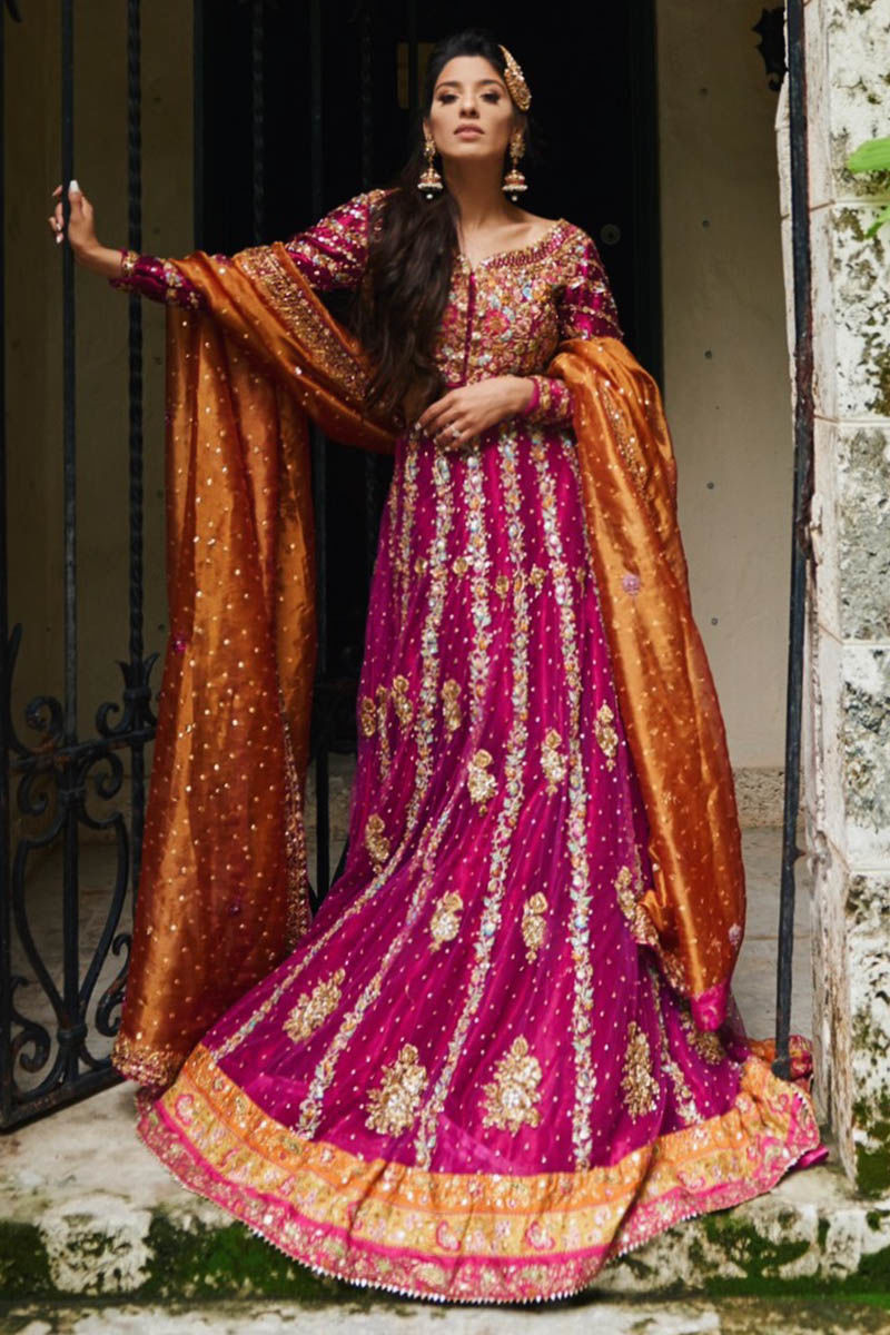 Pakistani Magenta Embroidered Metallic Lehenga Set (3-Piece) - Image 1