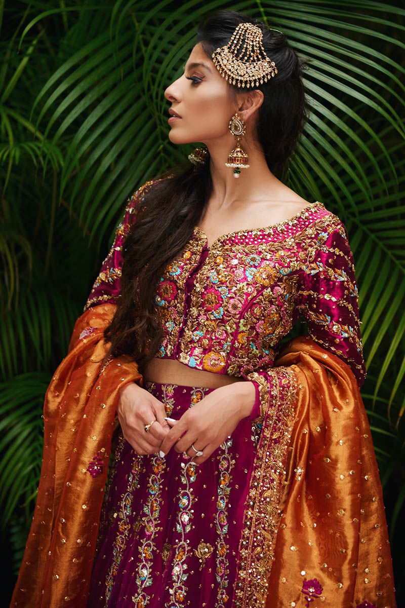 Pakistani Magenta Embroidered Metallic Lehenga Set (3-Piece) - Image 5