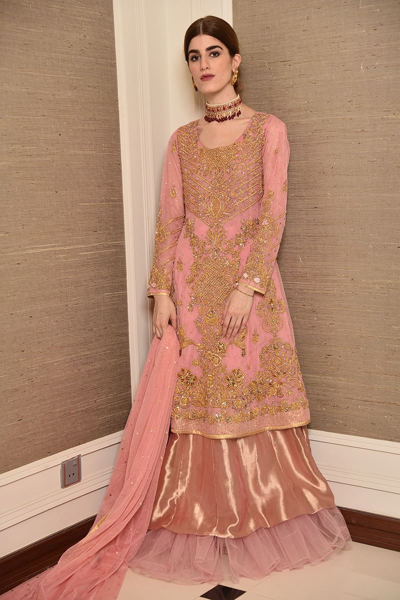 Pakistani Melon Pink Gold Dabka Net Kalidar Lehenga (3-Piece) - Image 1