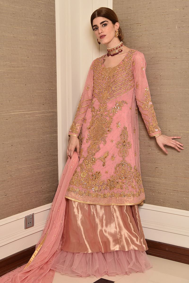 Pakistani Melon Pink Gold Dabka Net Kalidar Lehenga (3-Piece) - Image 2