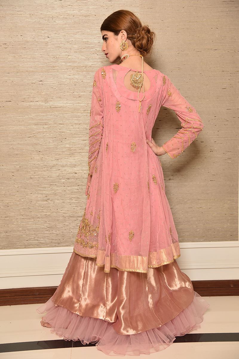 Pakistani Melon Pink Gold Dabka Net Kalidar Lehenga (3-Piece) - Image 3