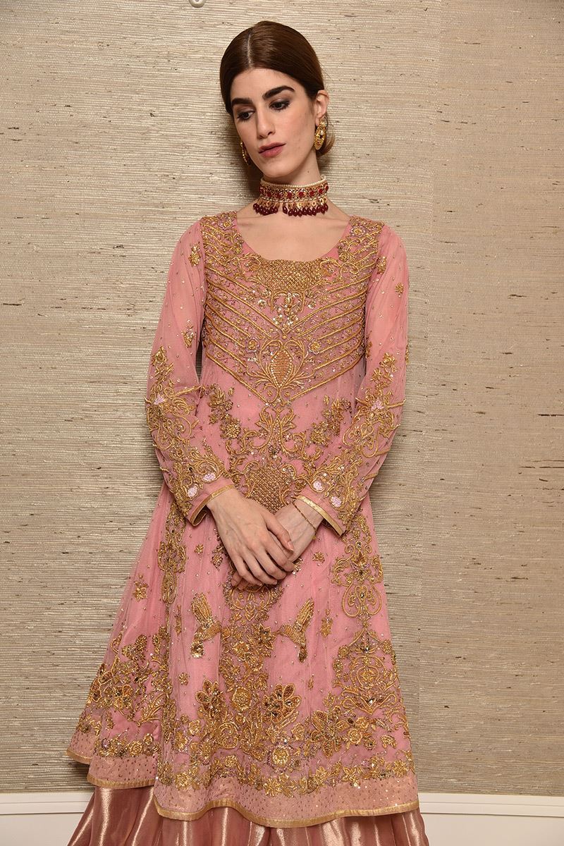 Pakistani Melon Pink Gold Dabka Net Kalidar Lehenga (3-Piece) - Image 4
