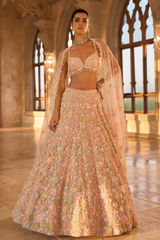 Indian Blush Pastel 3D Floral Net Lehenga Set (3-Piece) - Image 2