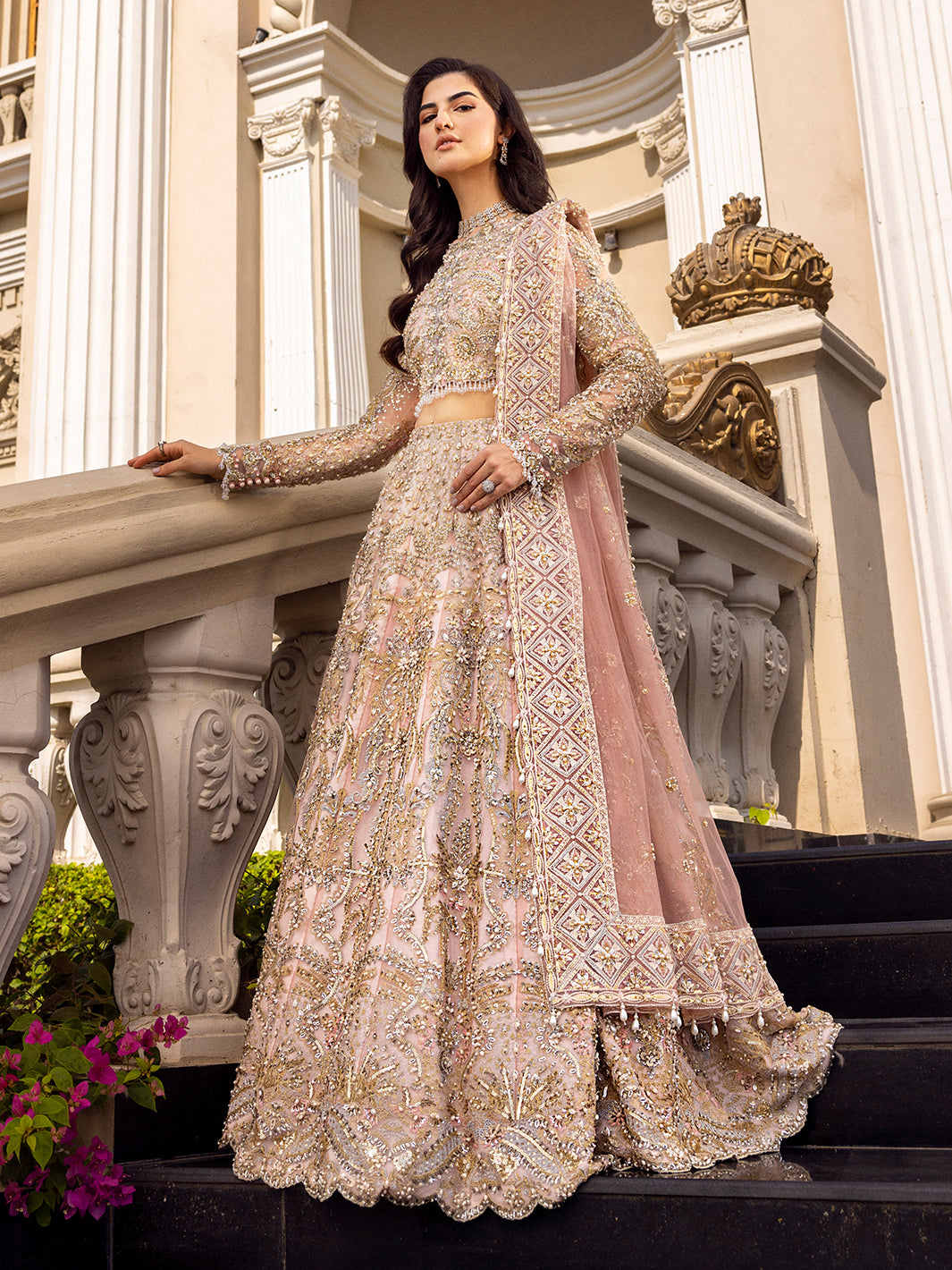 Pakistani Blush Pink Embellished Net Lehenga Choli (3-Piece) - Image 2