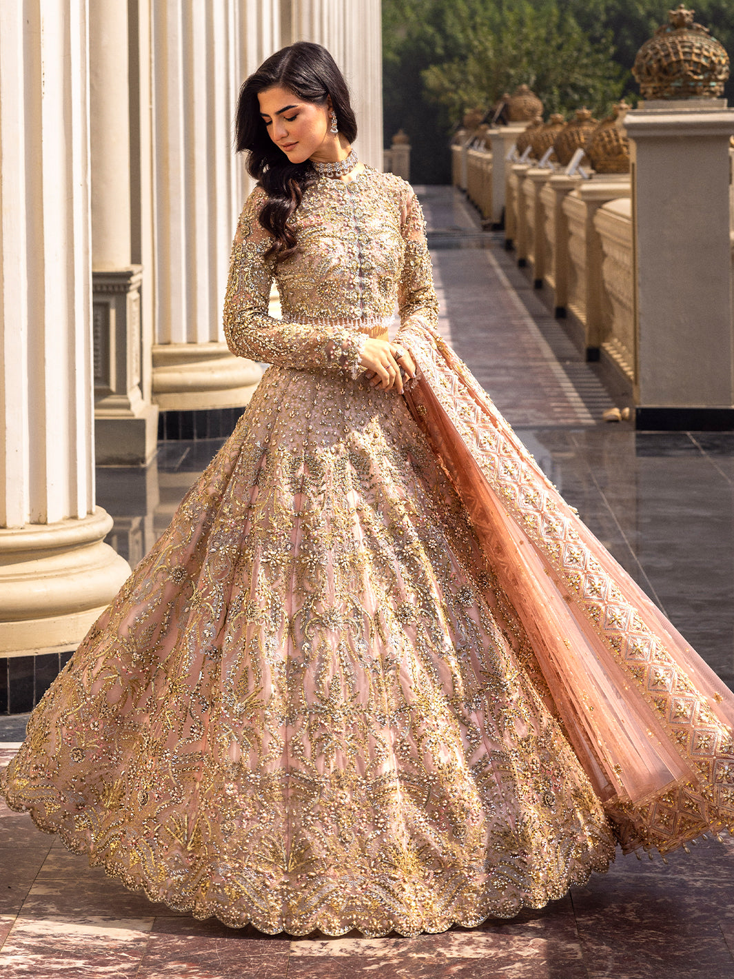 Pakistani Blush Pink Embellished Net Lehenga Choli (3-Piece) - Image 3