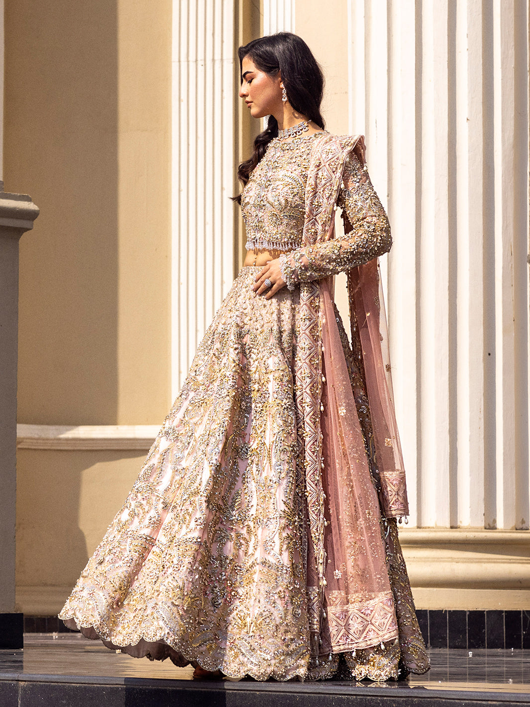 Pakistani Blush Pink Embellished Net Lehenga Choli (3-Piece) - Image 5