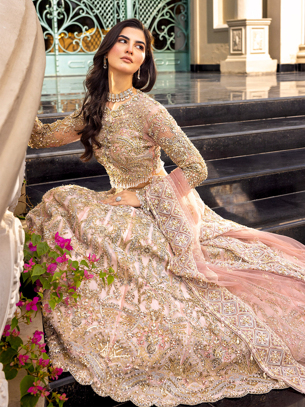 Pakistani Blush Pink Embellished Net Lehenga Choli (3-Piece) - Image 6