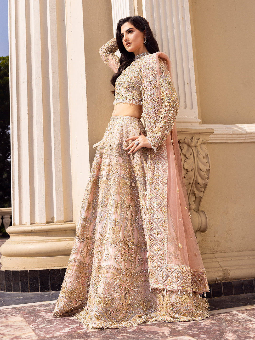 Pakistani Blush Pink Embellished Net Lehenga Choli (3-Piece) - Image 7