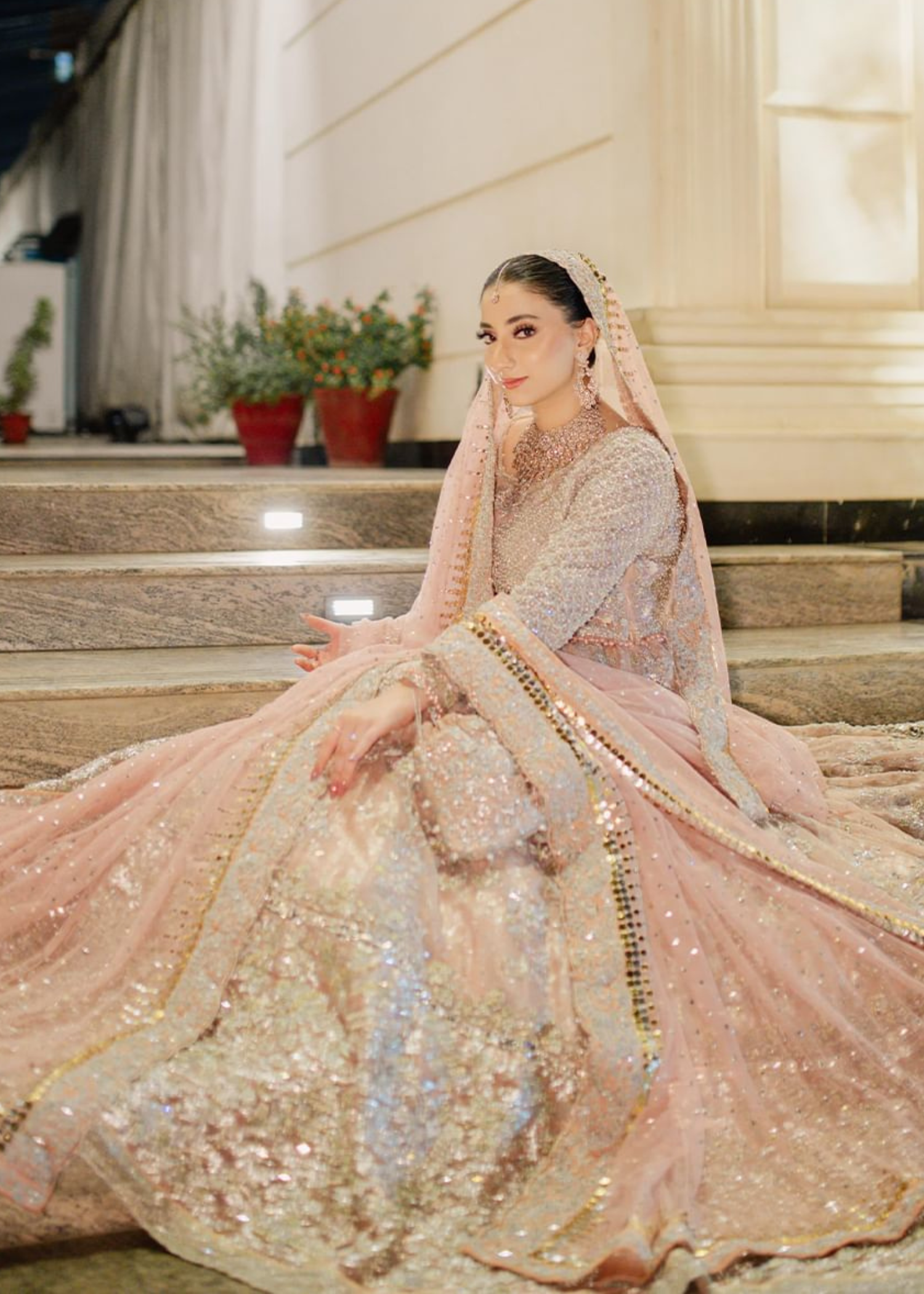 Blush Pink Embellished Net Bridal Lehenga (3-Piece) - Image 1
