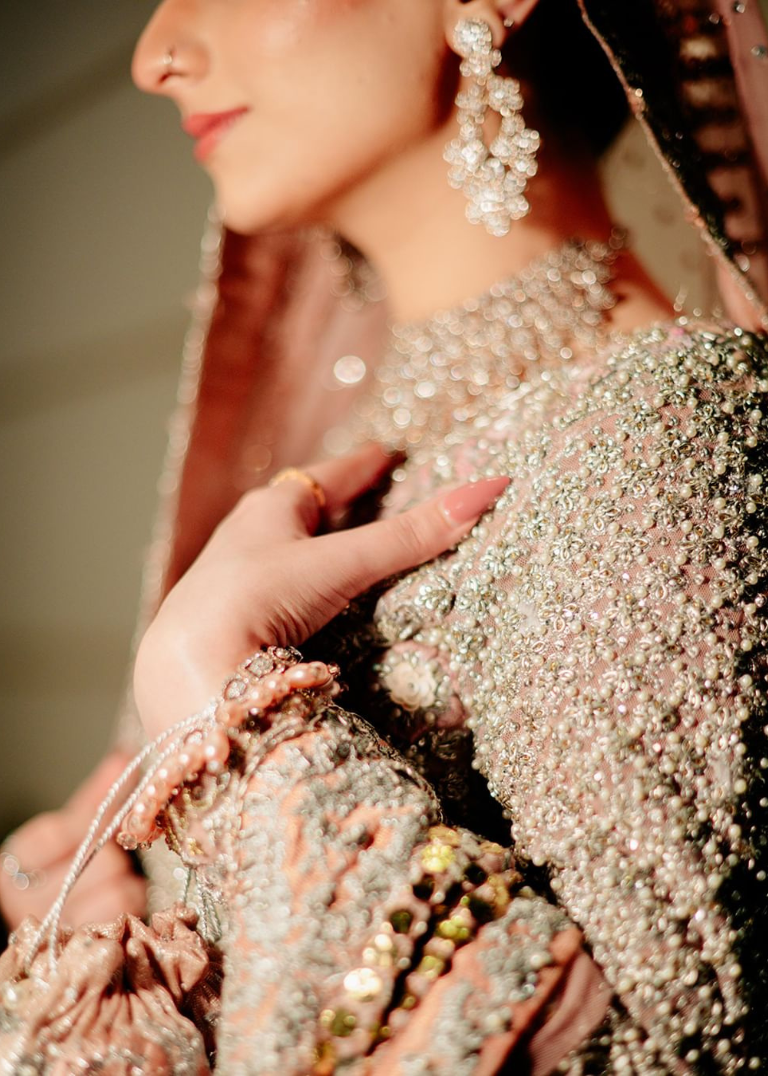 Blush Pink Embellished Net Bridal Lehenga (3-Piece) - Image 3