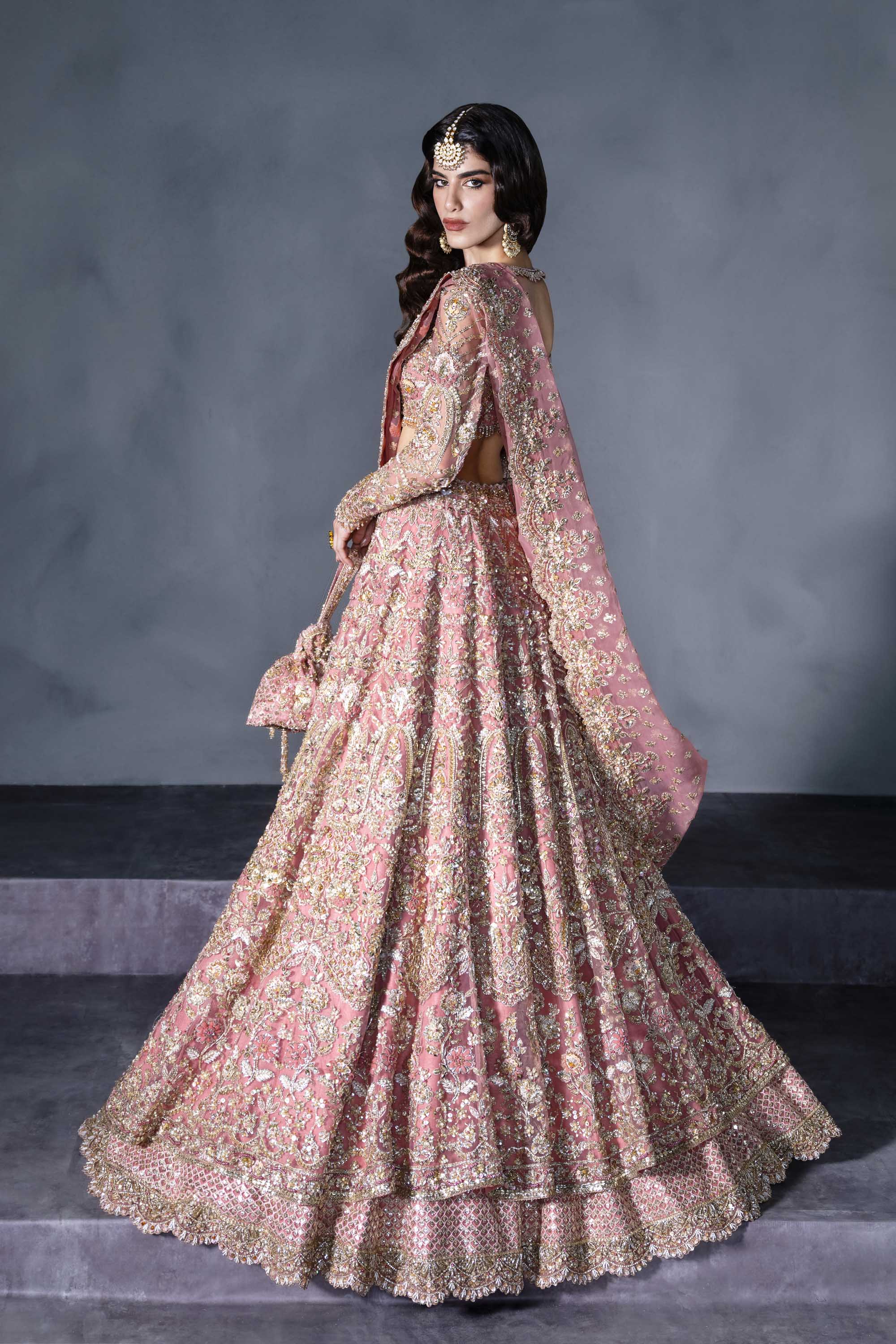 Pakistani Blush Pink Embellished Net Bridal Lehenga (3-Piece) - Image 3