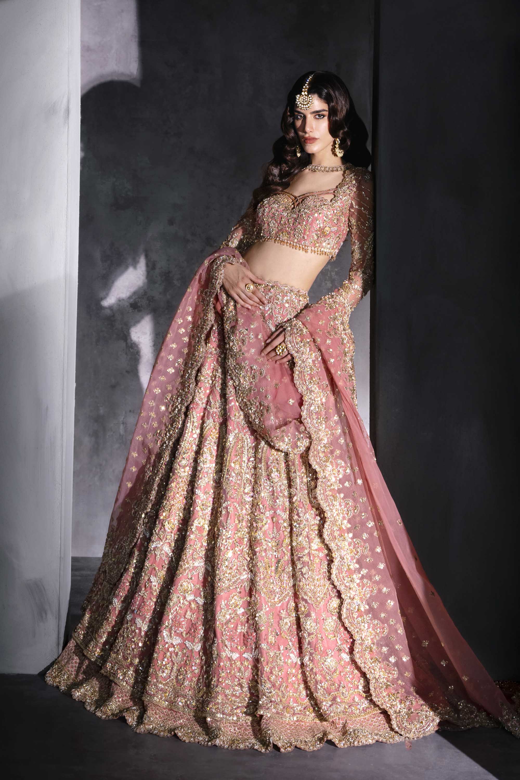 Pakistani Blush Pink Embellished Net Bridal Lehenga (3-Piece) - Image 6
