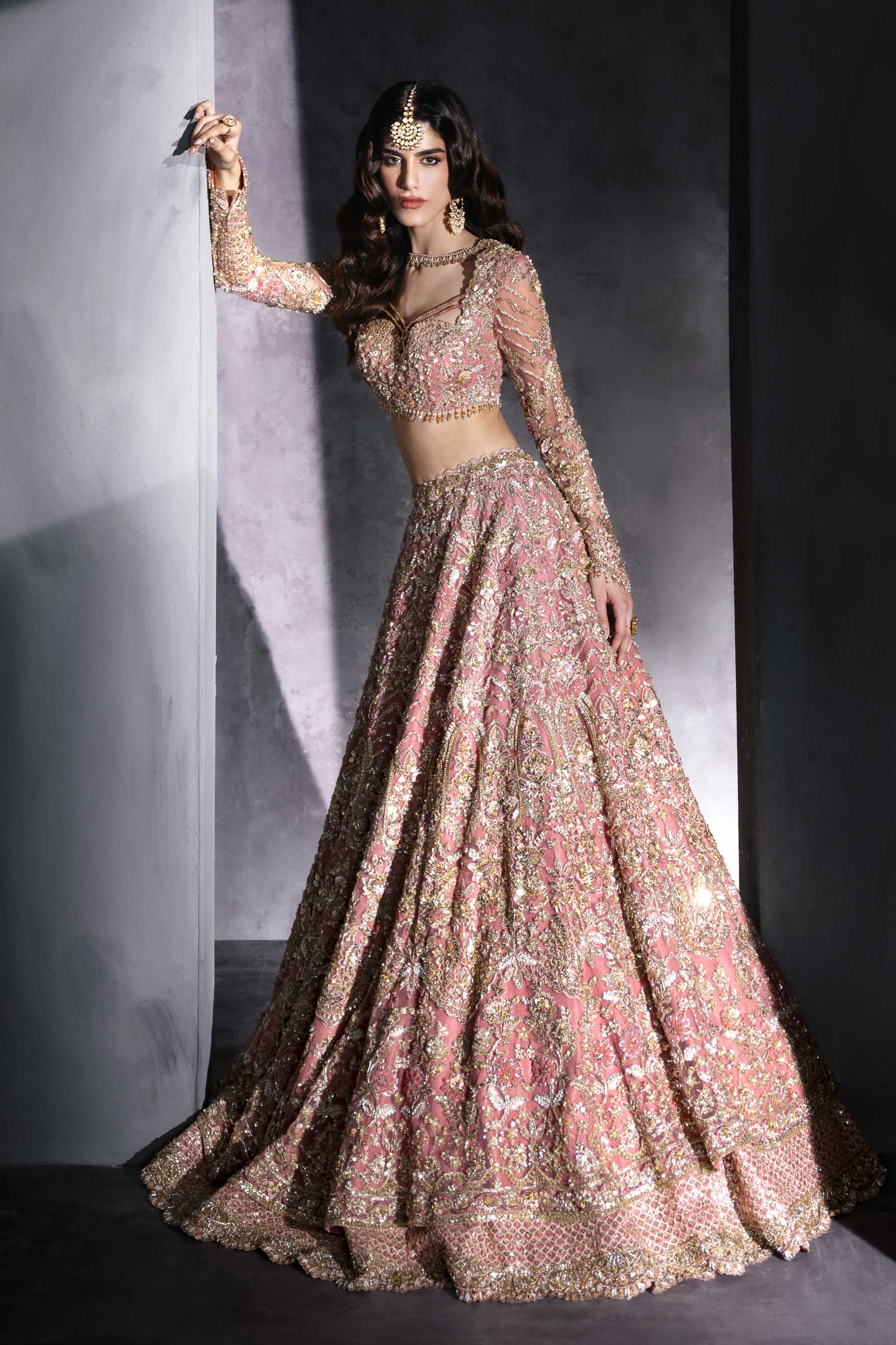 Pakistani Blush Pink Embellished Net Bridal Lehenga (3-Piece) - Image 7