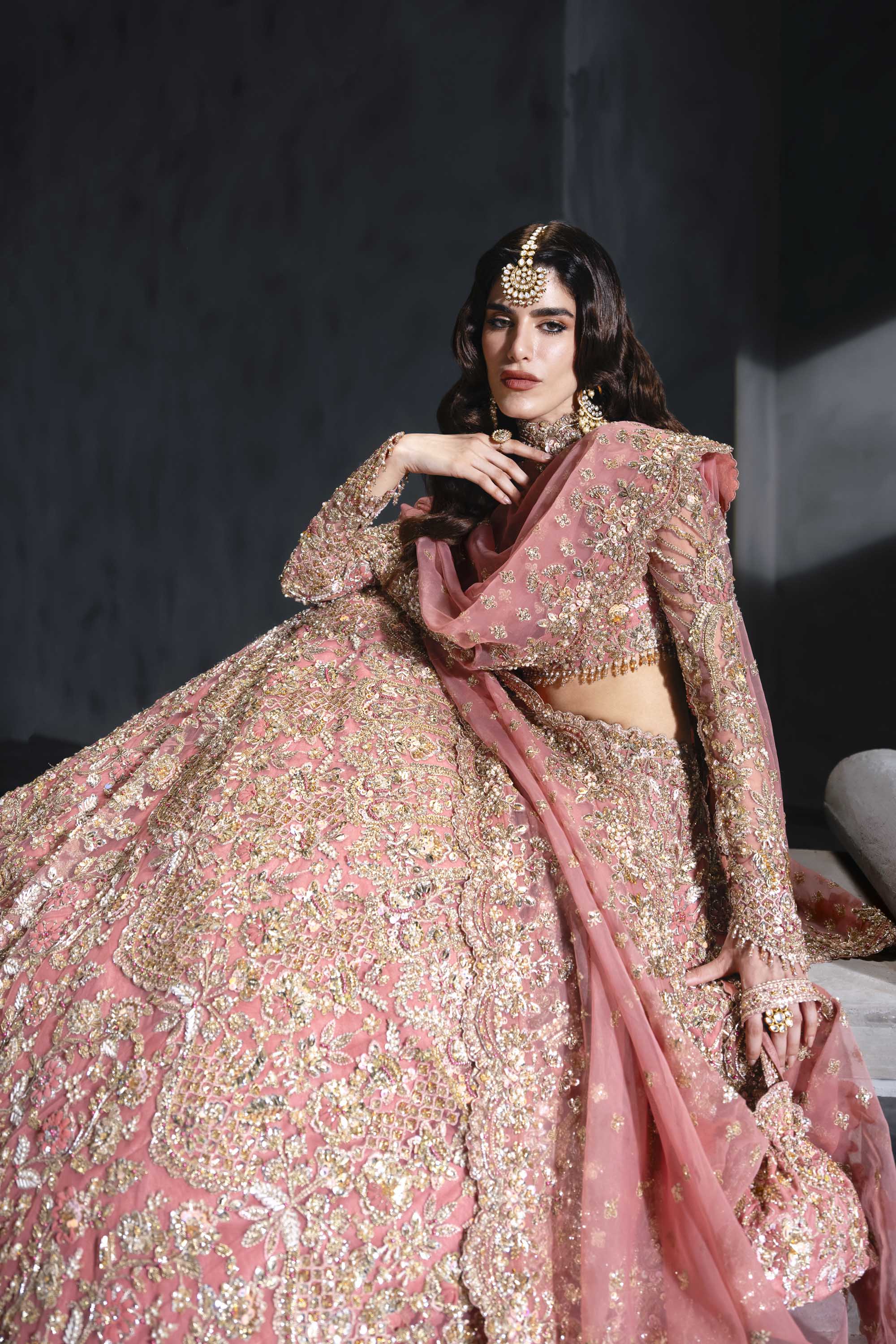 Pakistani Blush Pink Embellished Net Bridal Lehenga (3-Piece) - Image 8