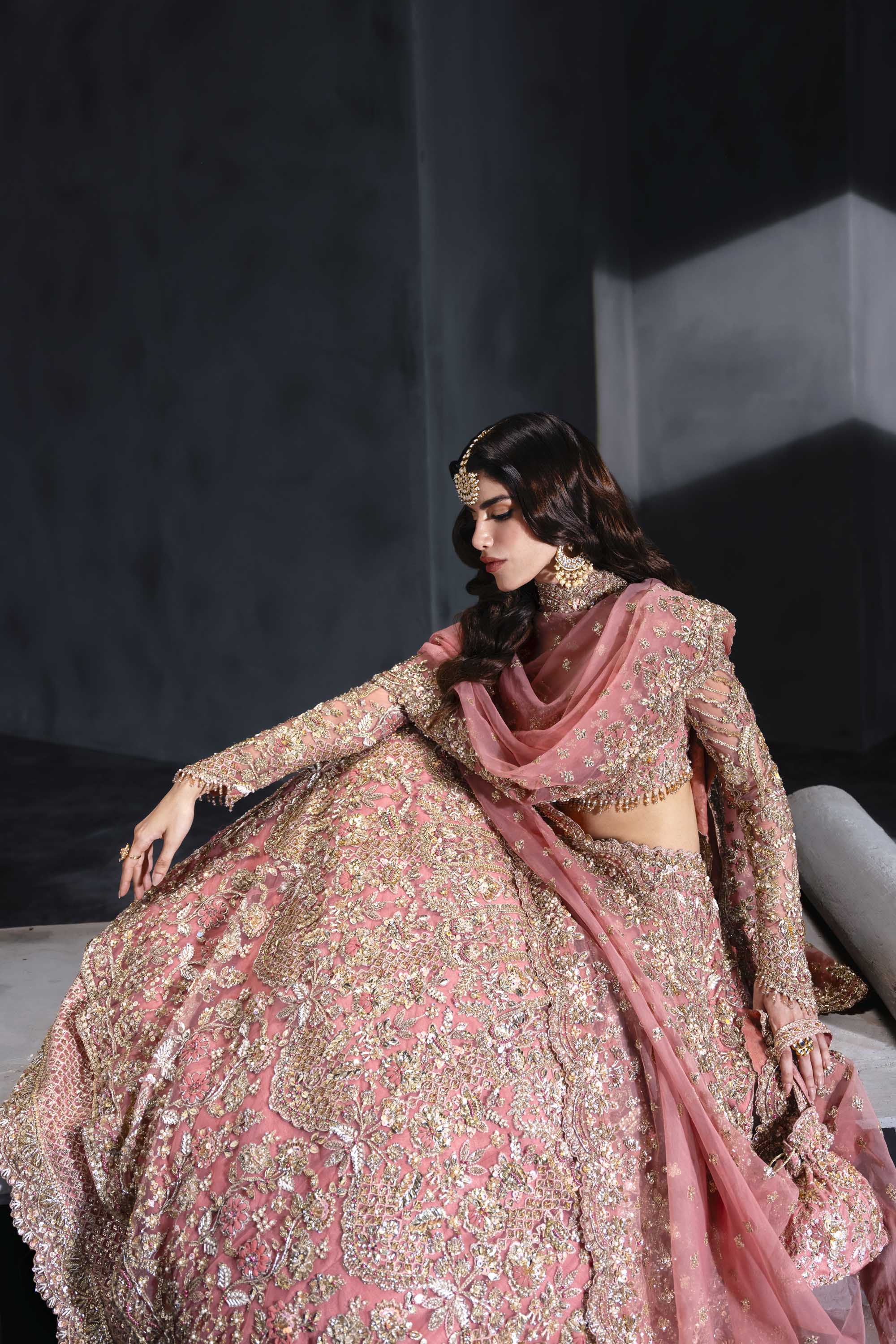 Pakistani Blush Pink Embellished Net Bridal Lehenga (3-Piece) - Image 9