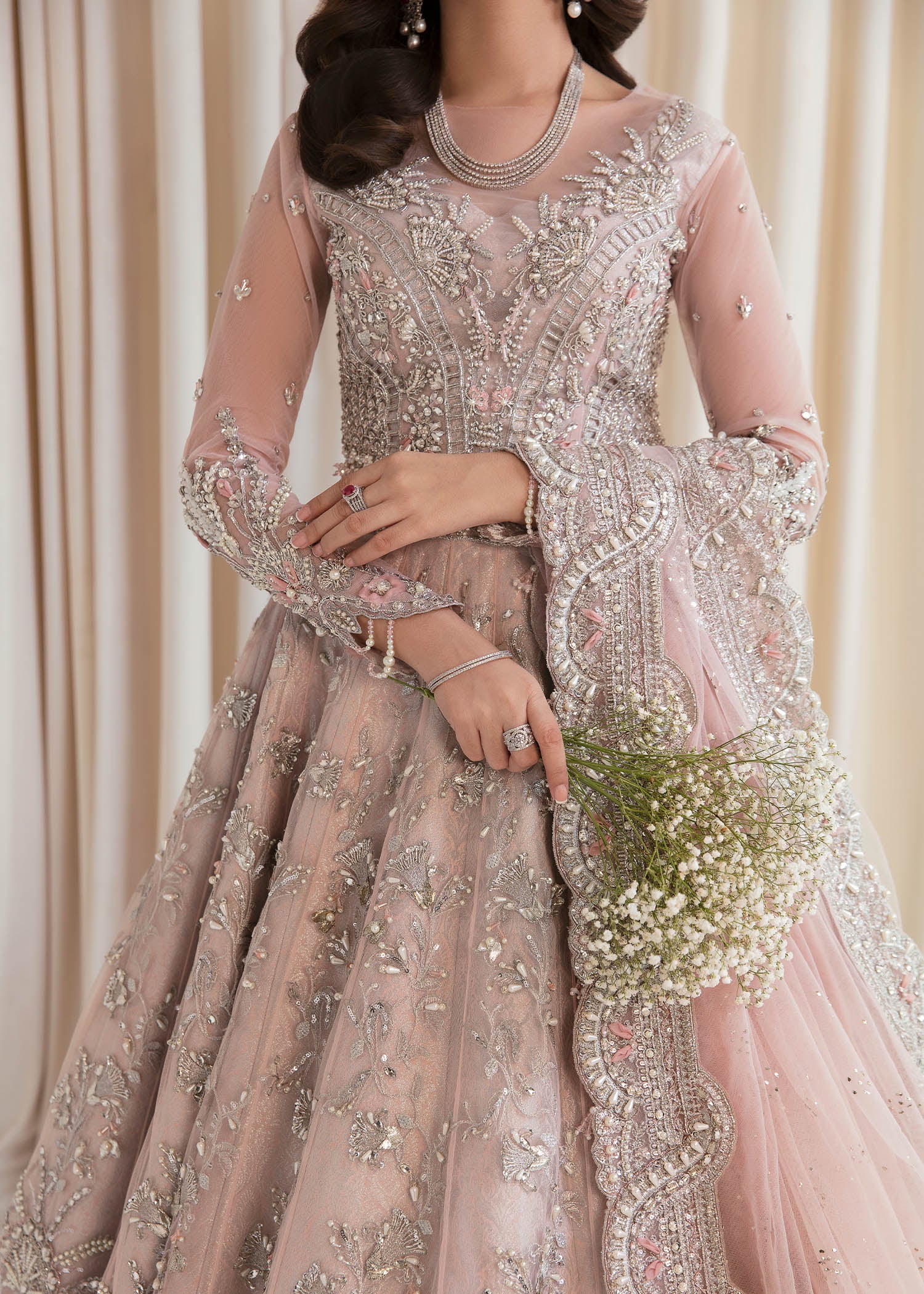 Pakistani Mauve Pink Embellished Net & Brocade Bridal Lehenga (3-Piece) - Image 4