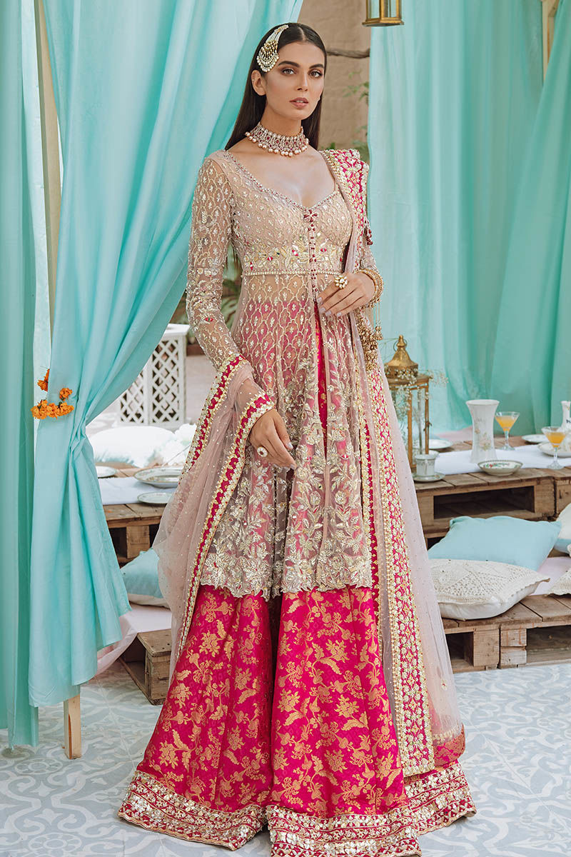 Pakistani Pink Embroidered Net Kalidaar with Ruby Brocade Lehenga (3-Piece) - Image 1