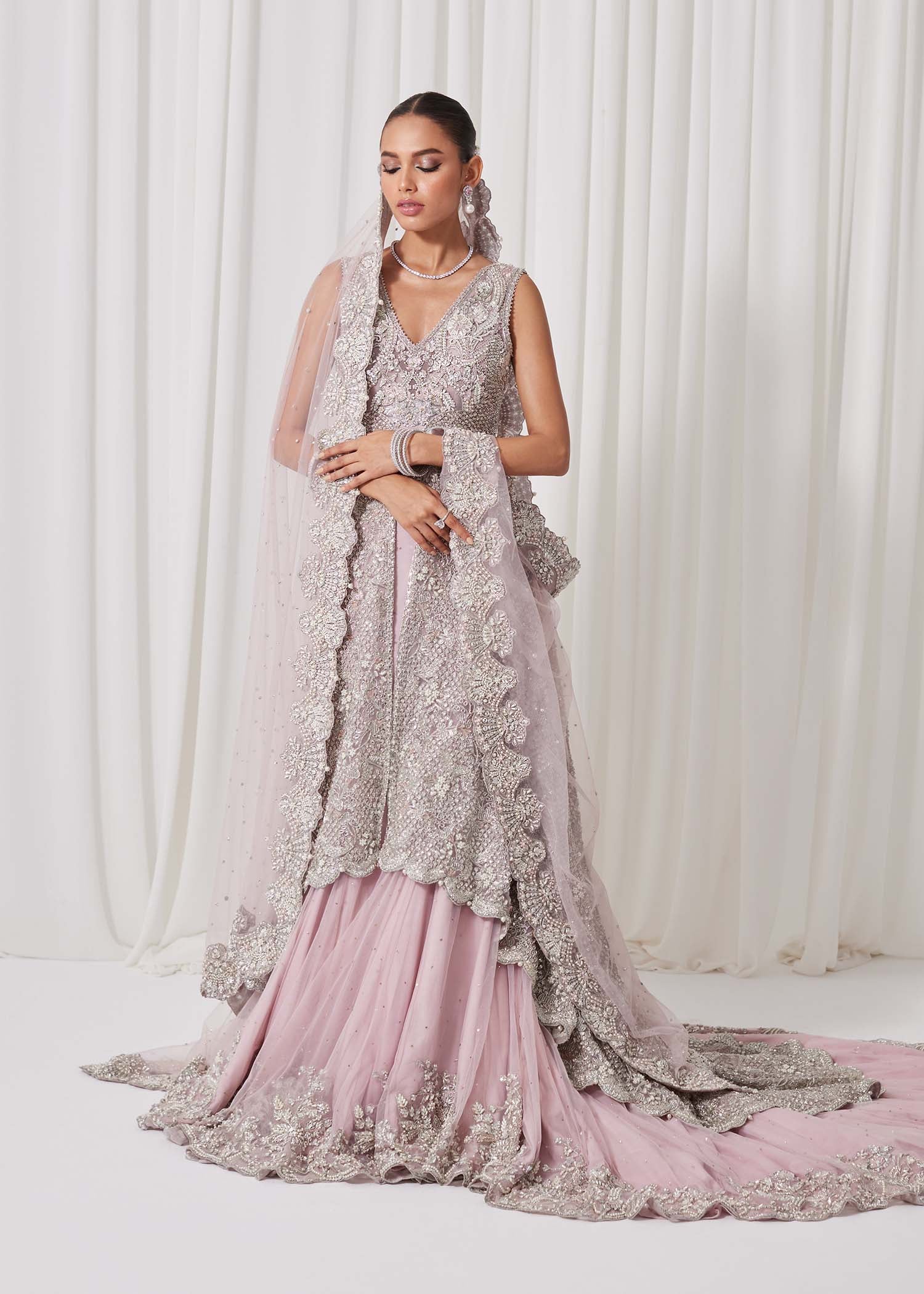 Blush Pink Embellished Net Bridal Lehenga (3-Piece) - Image 2