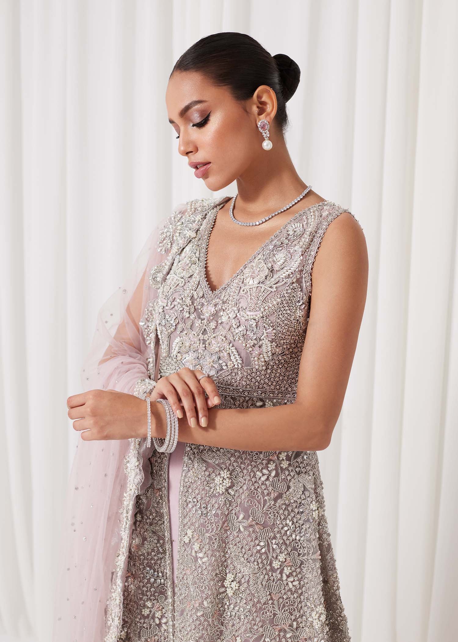 Blush Pink Embellished Net Bridal Lehenga (3-Piece) - Image 3