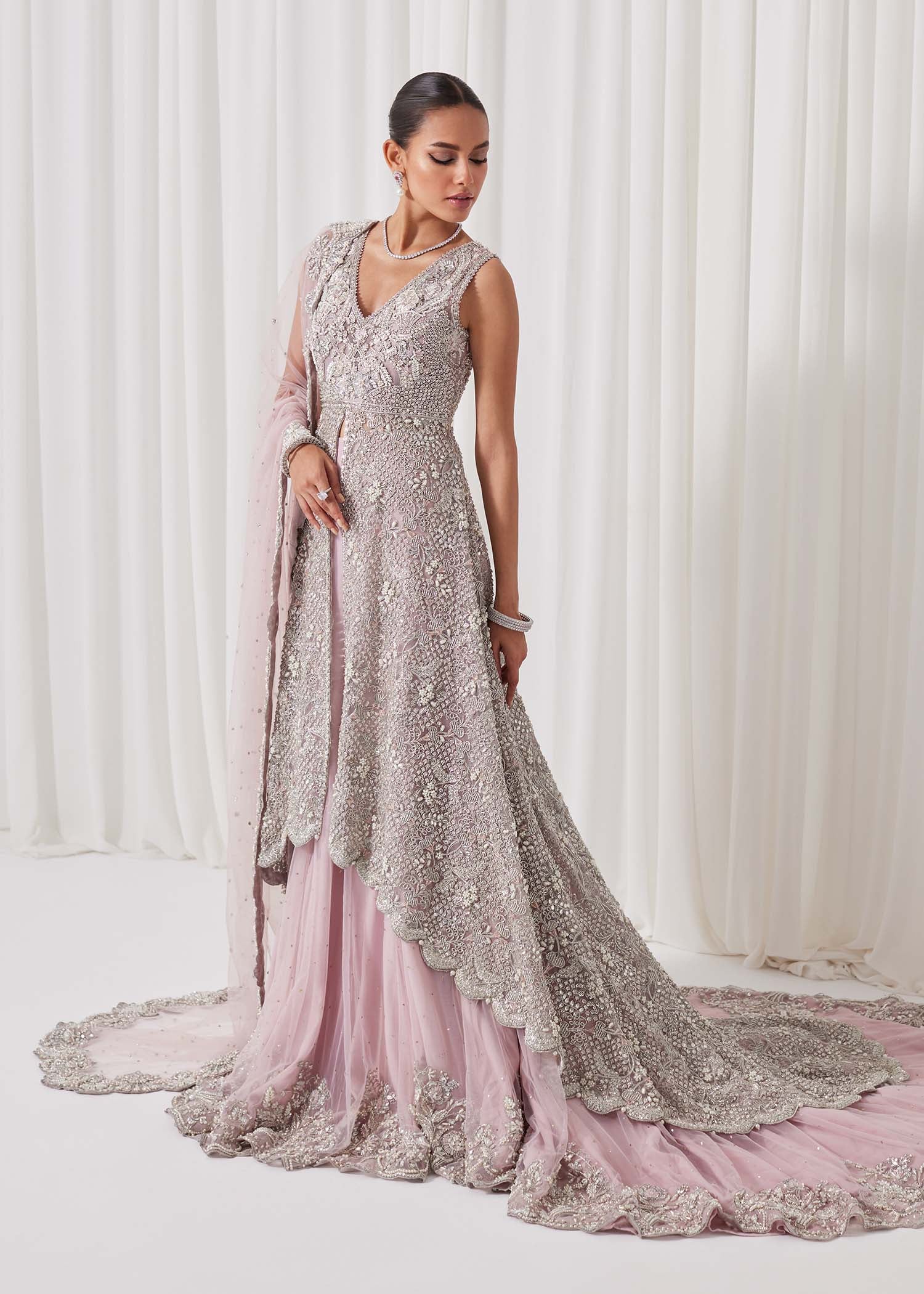 Blush Pink Embellished Net Bridal Lehenga (3-Piece) - Image 5