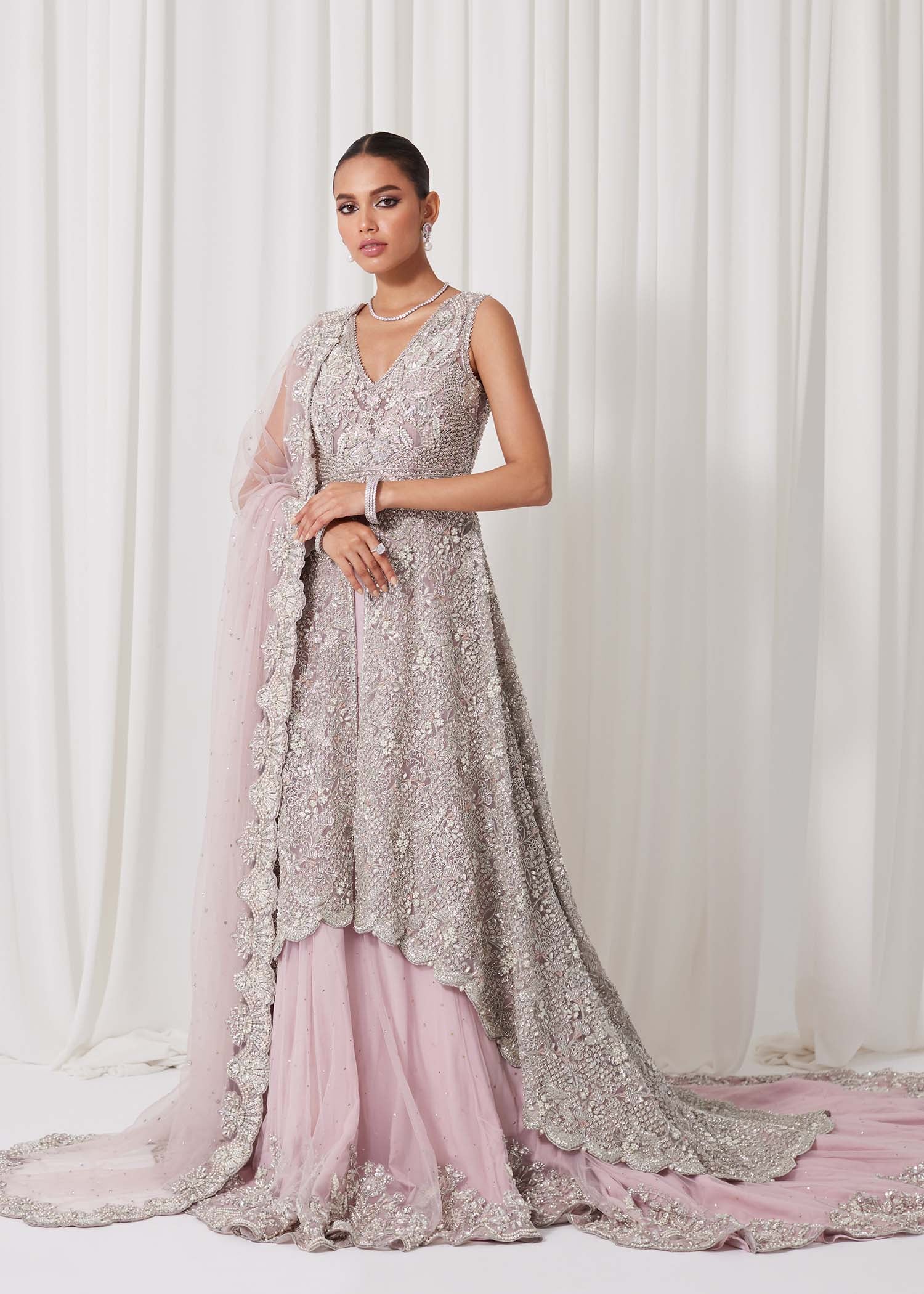Blush Pink Embellished Net Bridal Lehenga (3-Piece) - Image 6