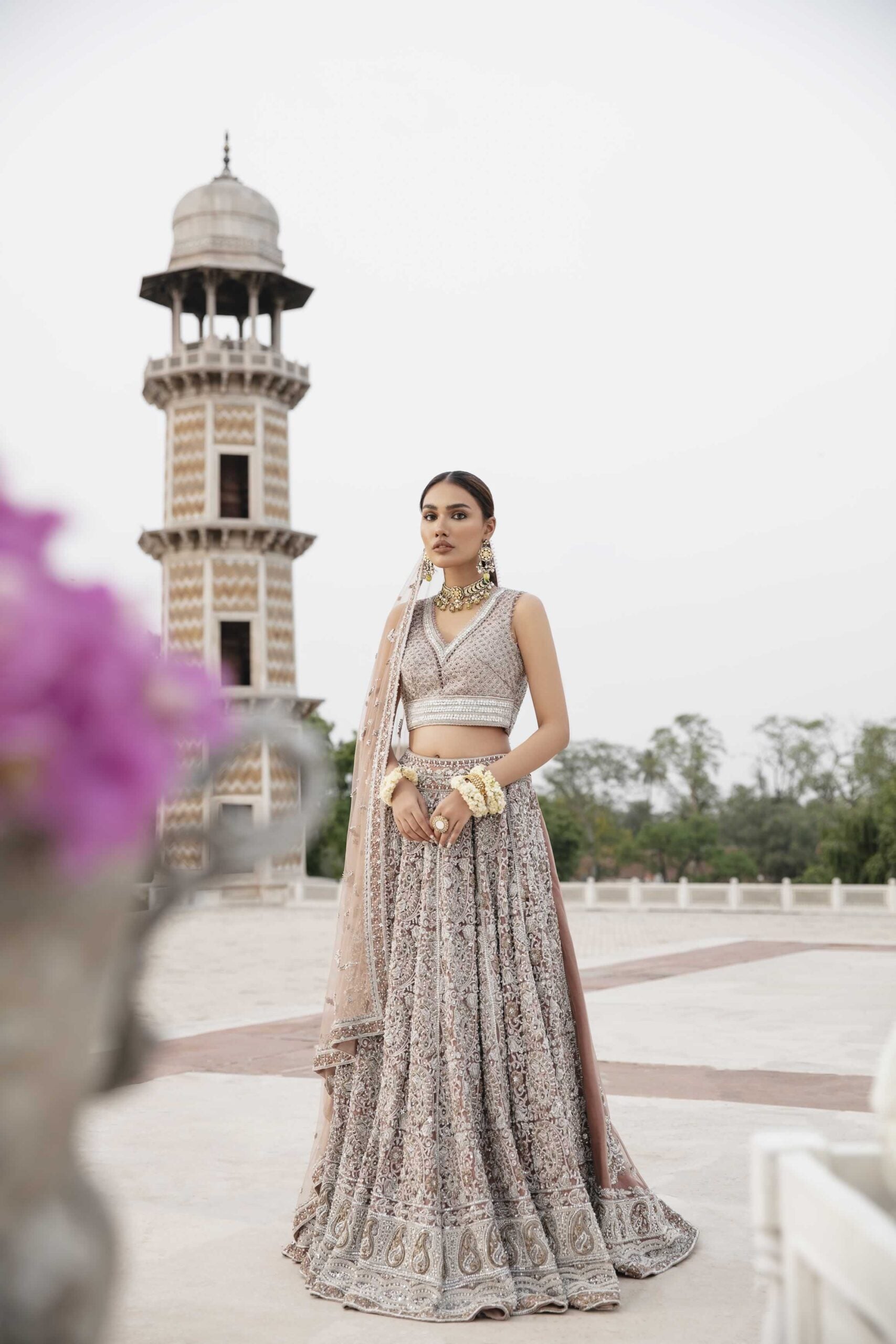 Pakistani Blush Pink Crystal Mirror Net Bridal Lehnga Choli (3-Piece) - Image 2