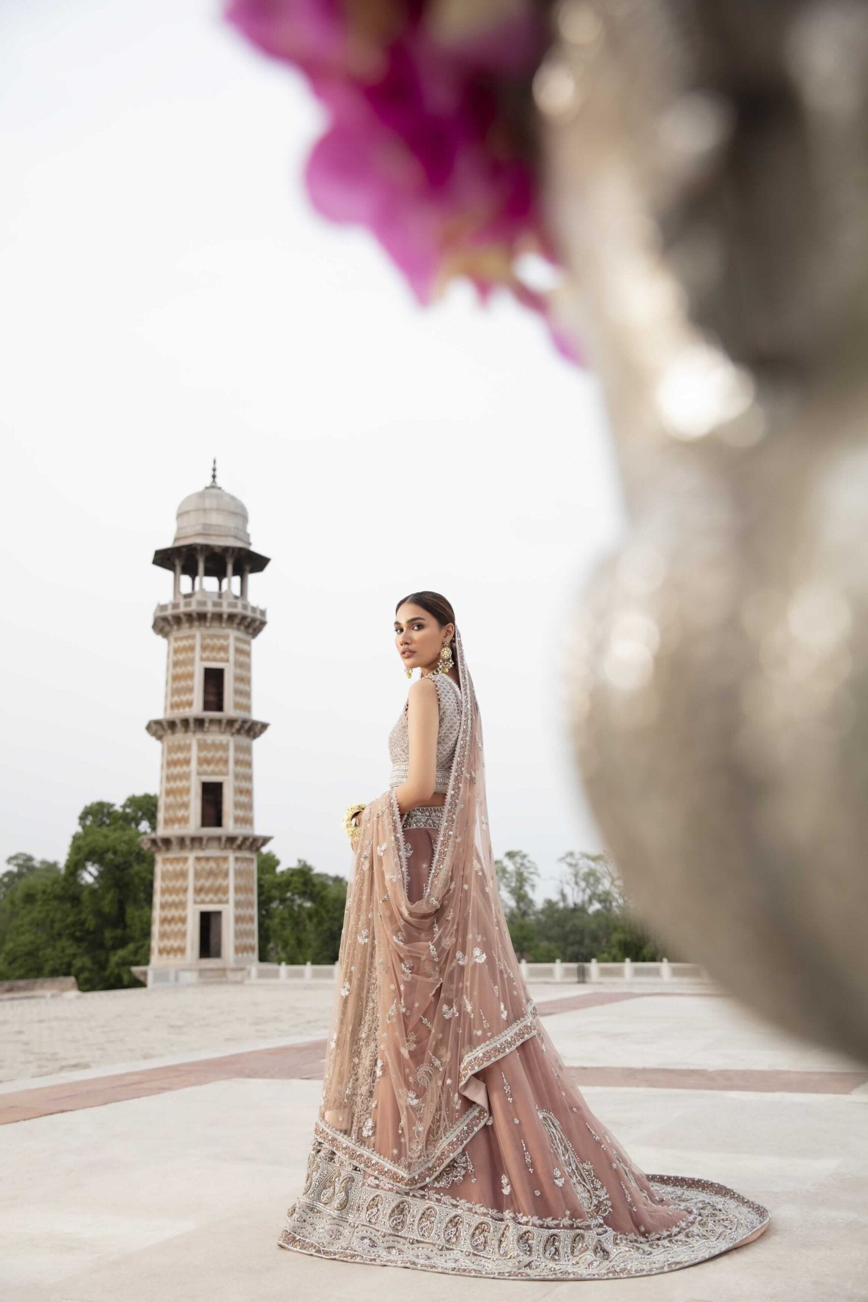 Pakistani Blush Pink Crystal Mirror Net Bridal Lehnga Choli (3-Piece) - Image 3