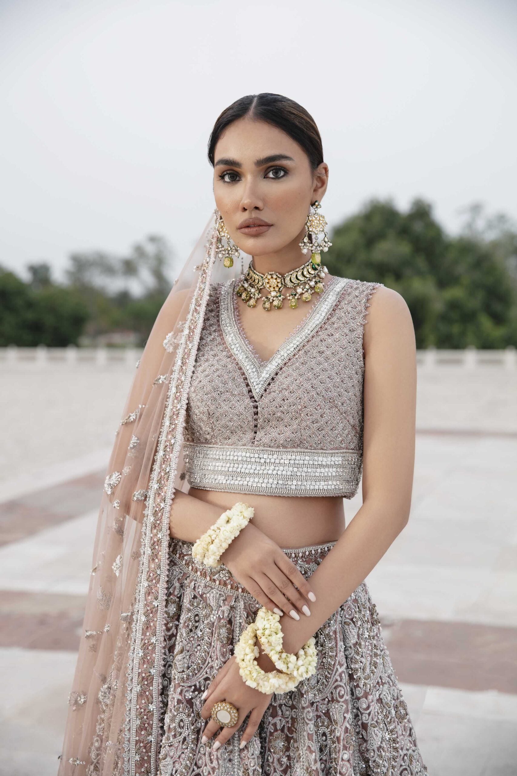 Pakistani Blush Pink Crystal Mirror Net Bridal Lehnga Choli (3-Piece) - Image 5