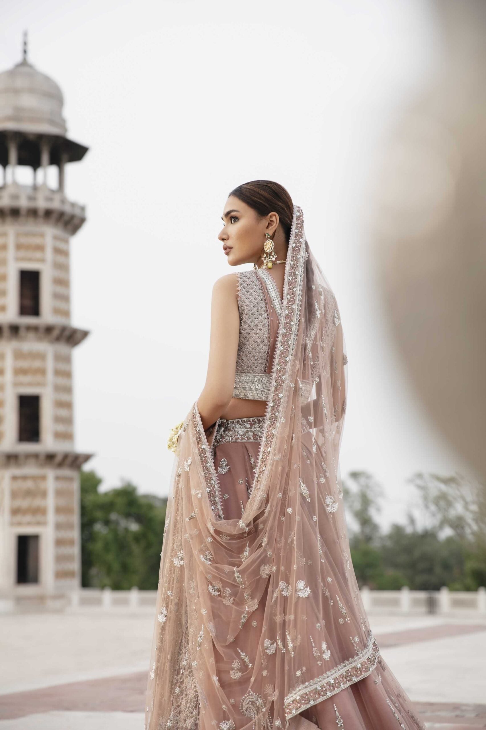 Pakistani Blush Pink Crystal Mirror Net Bridal Lehnga Choli (3-Piece) - Image 6