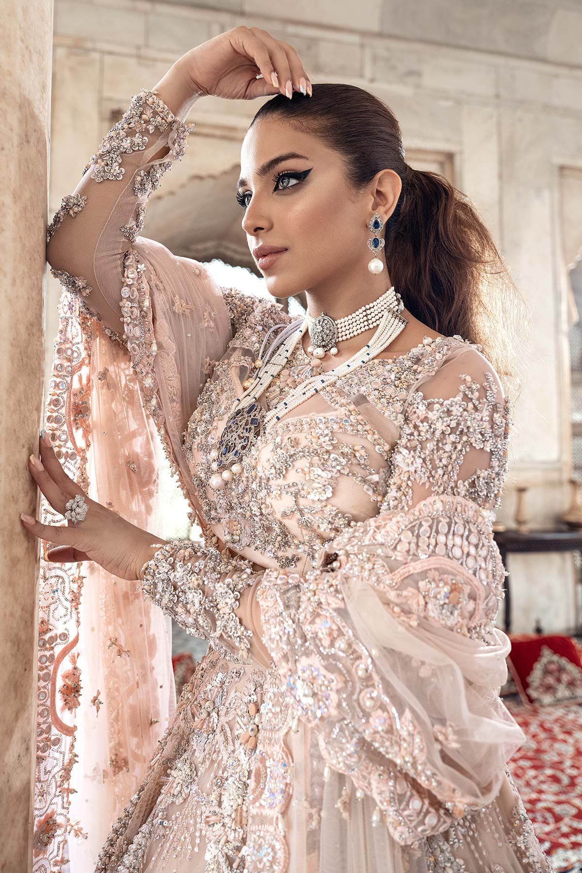 Pakistani Powder Pink Embellished Pure Net Lehenga Choli (3-Piece) - Image 2