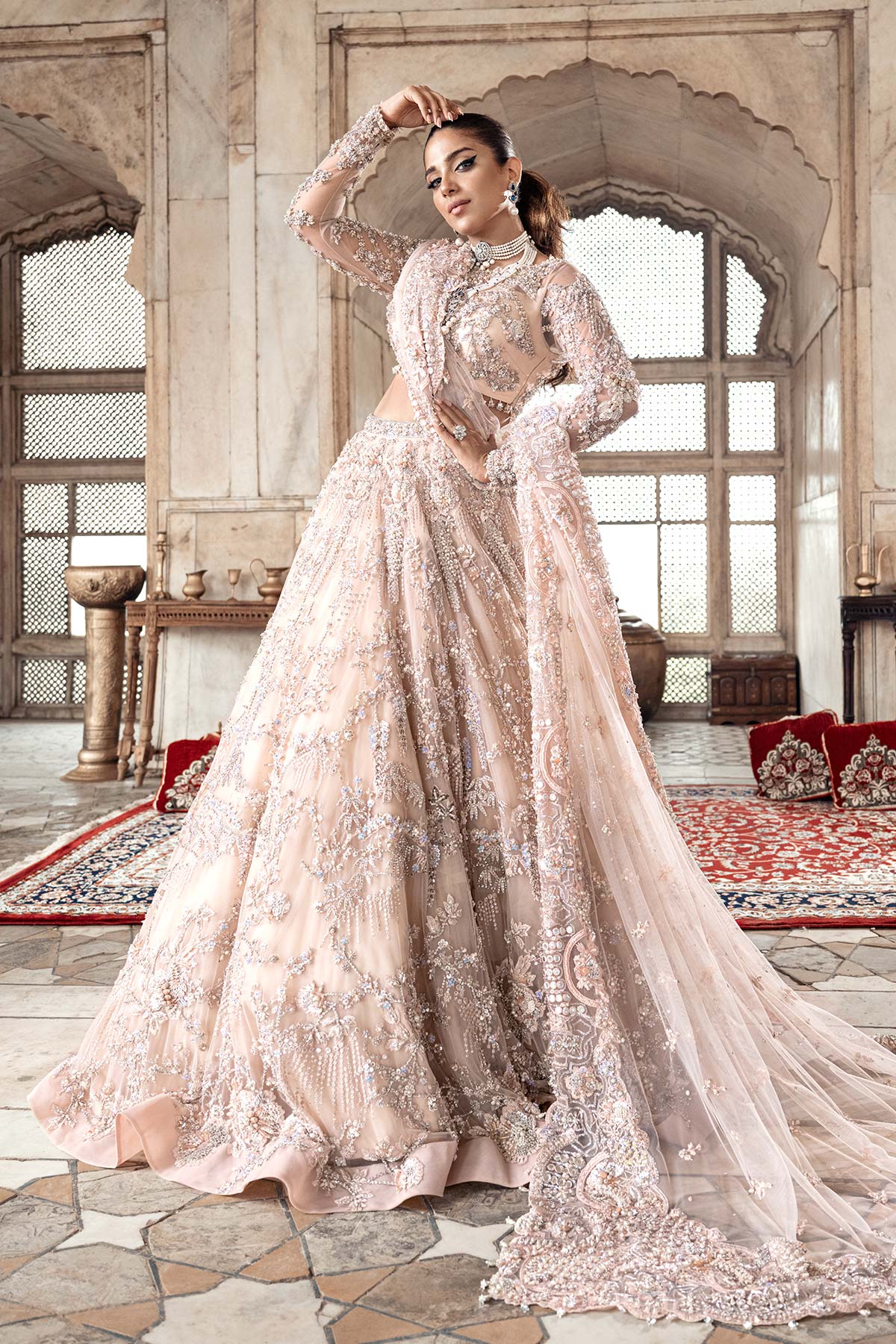 Pakistani Powder Pink Embellished Pure Net Lehenga Choli (3-Piece) - Image 3