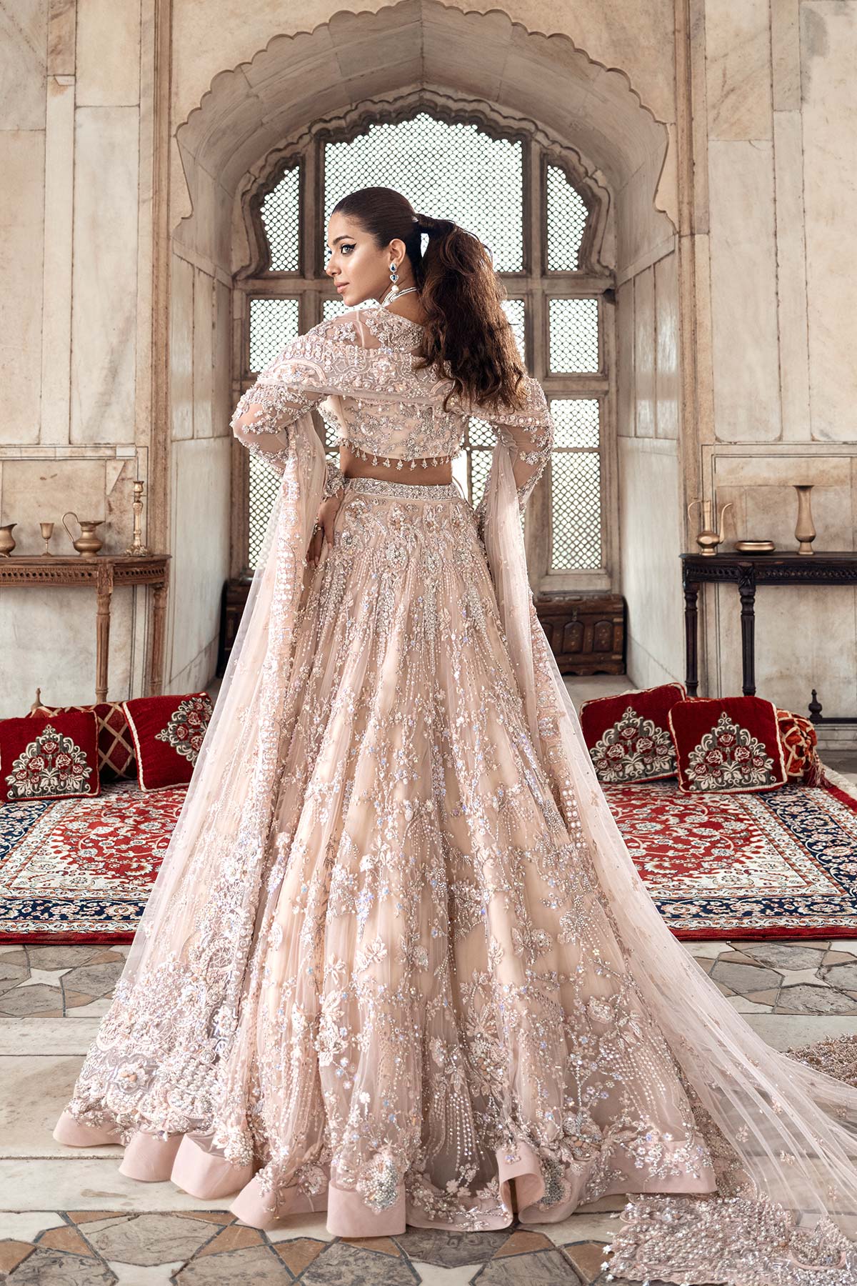 Pakistani Powder Pink Embellished Pure Net Lehenga Choli (3-Piece) - Image 4