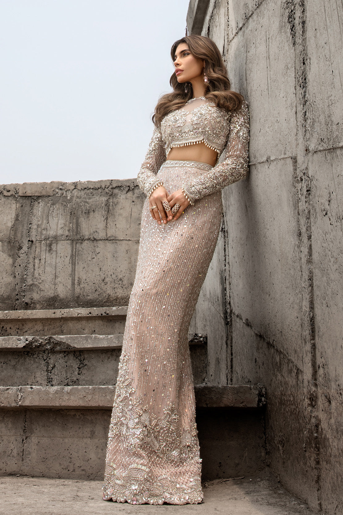 Pakistani Soft Pink Crystal & Stone Net Lehenga (2-Piece) - Image 3