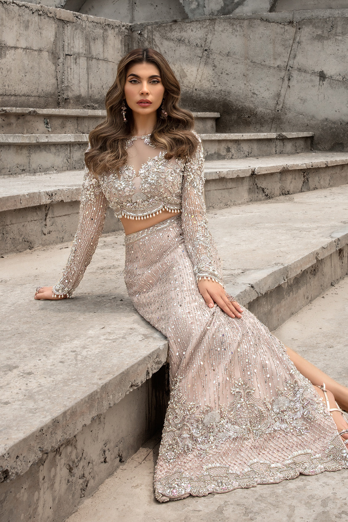 Pakistani Soft Pink Crystal & Stone Net Lehenga (2-Piece) - Image 7