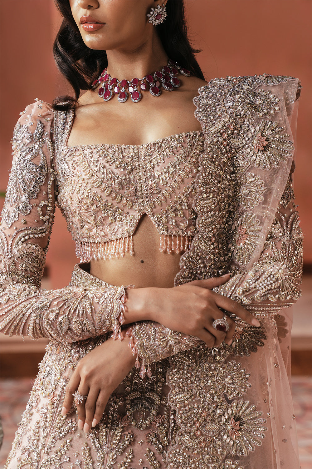 Soft Pink Embellished Net Lehenga (3-Piece) - Image 2