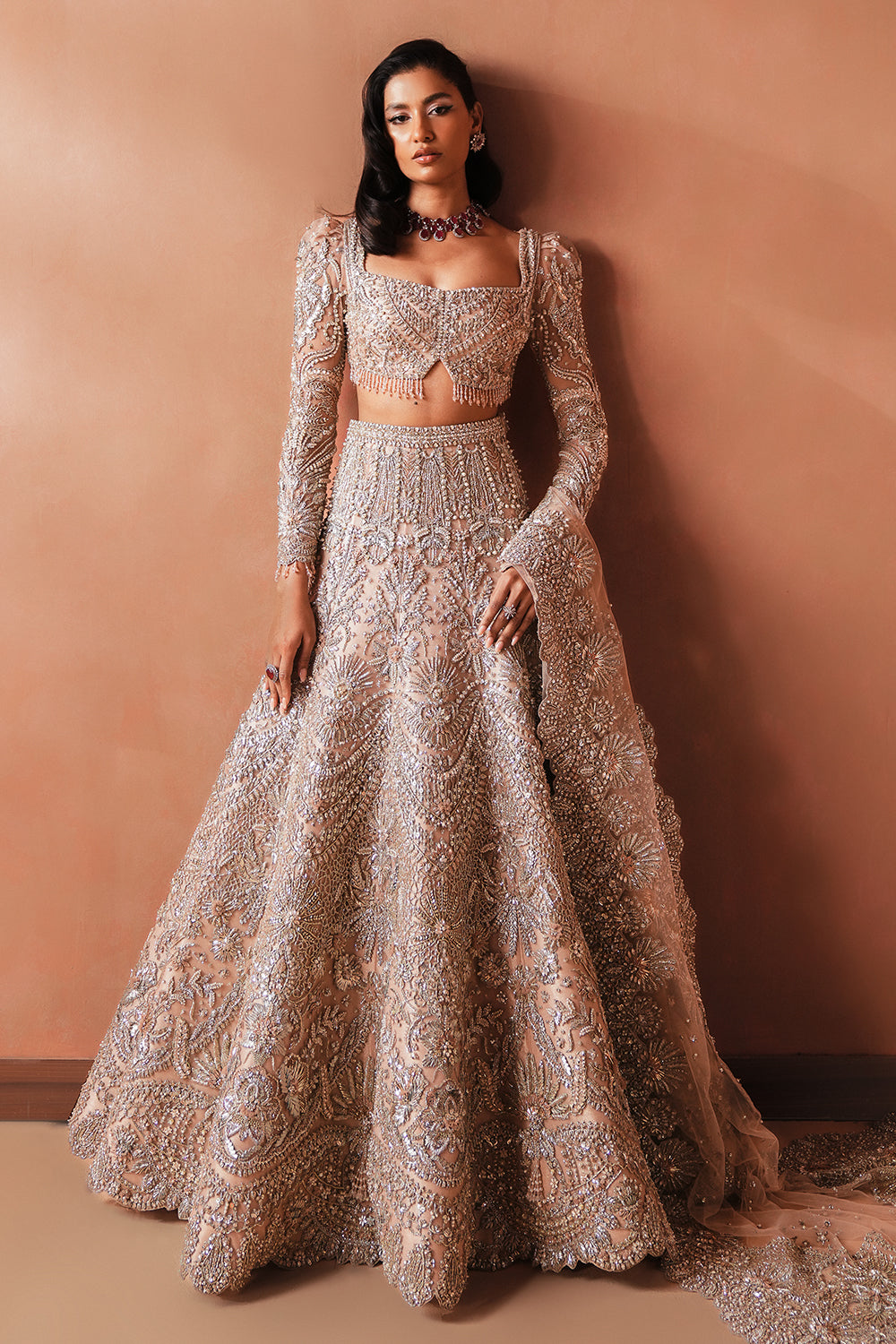 Soft Pink Embellished Net Lehenga (3-Piece) - Image 3
