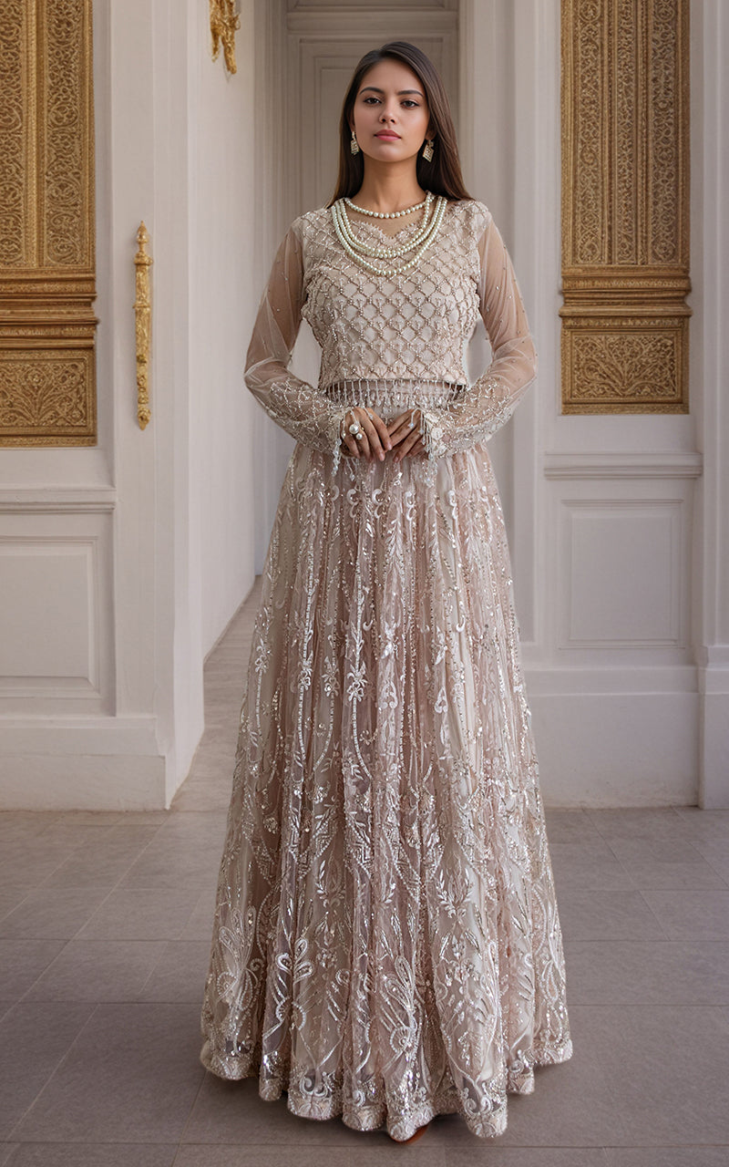 Pakistani Blush Cut Dana Net Bridal Lehenga (3-Piece) - Image 2
