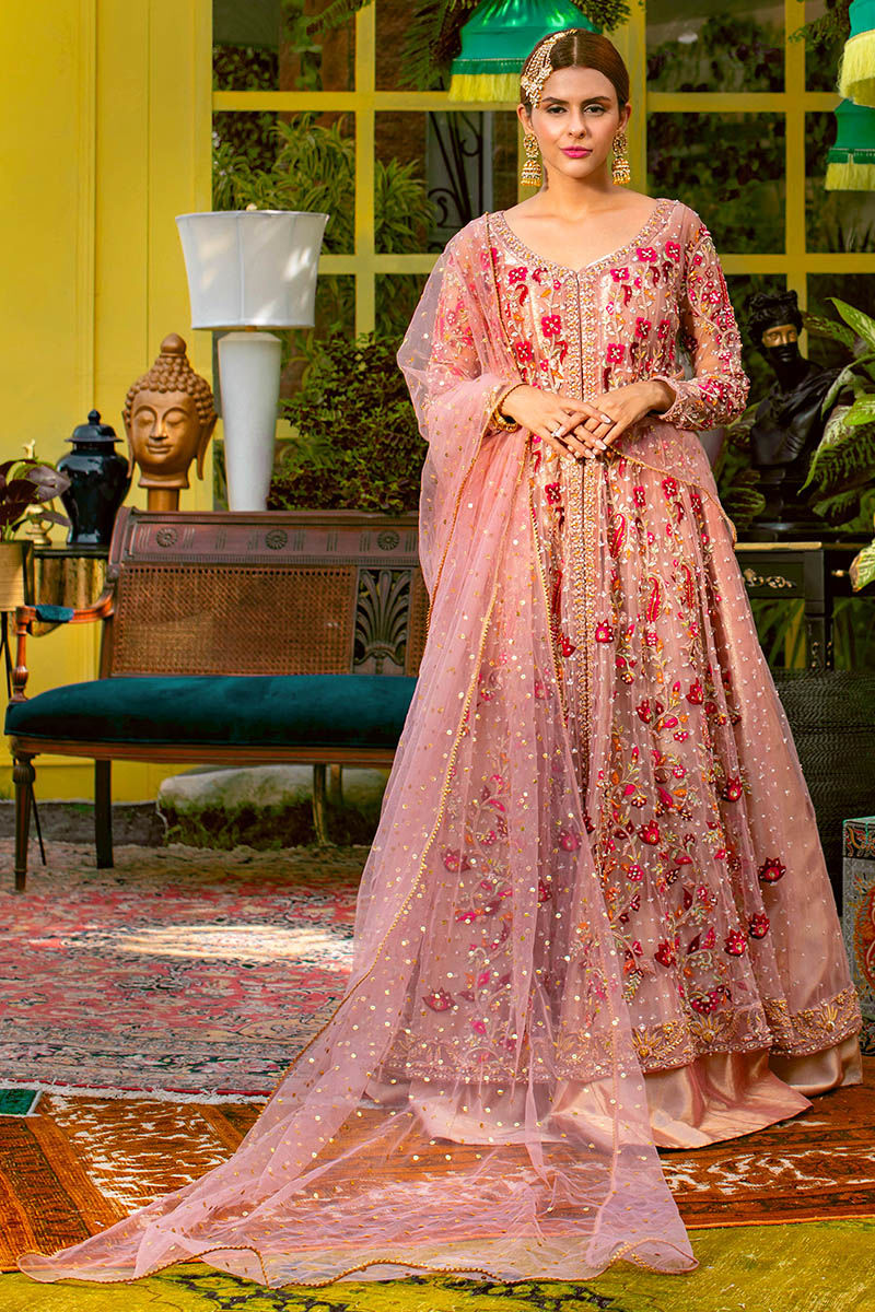 Dusty Pink Rosette Embroidered Net Kalidar Lehenga (3-Piece) - Image 1