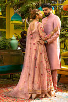 Dusty Pink Rosette Embroidered Net Kalidar Lehenga (3-Piece) - Image 7