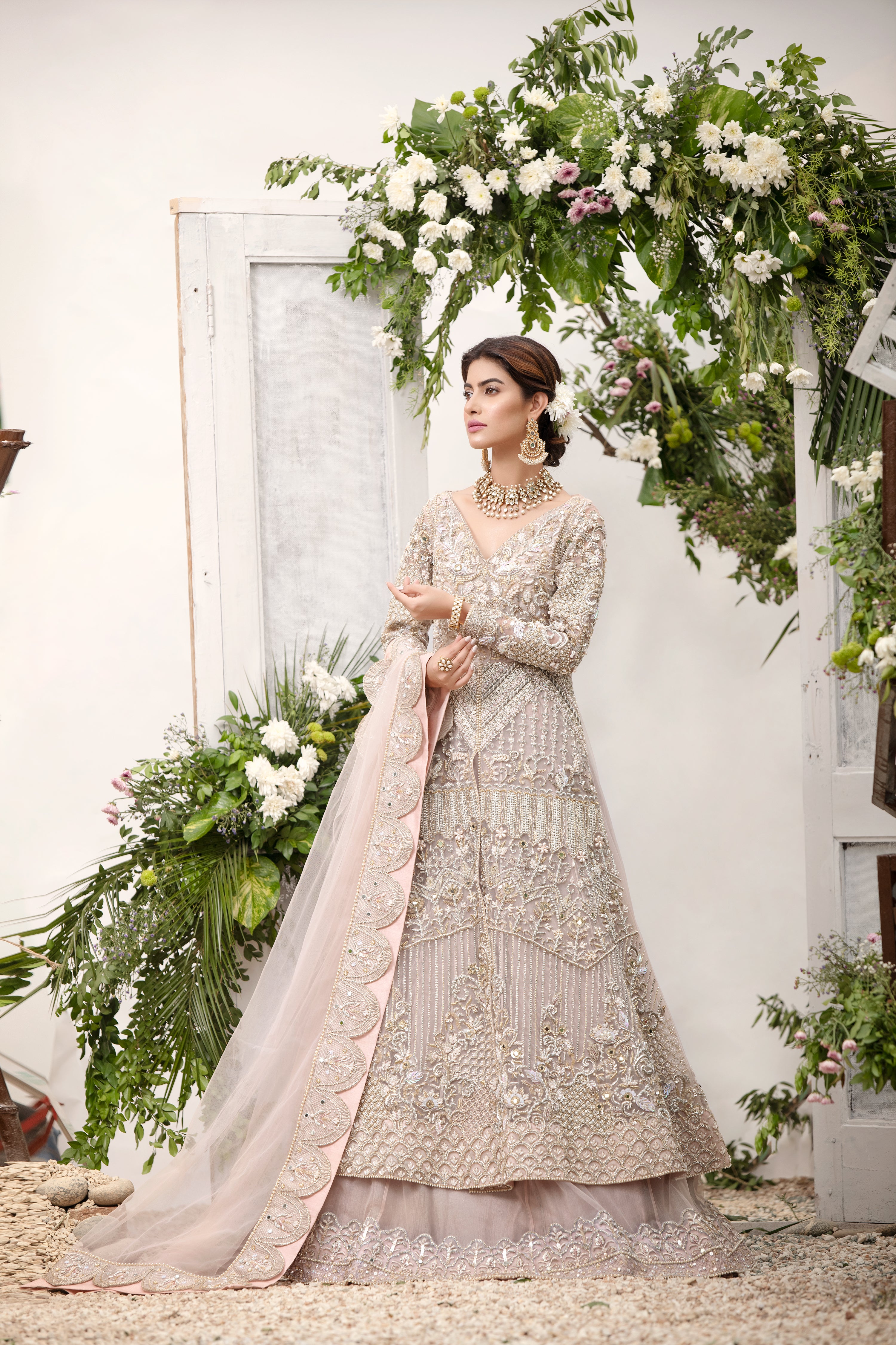 Soft Thistle Embroidered Net Lehenga (3-Piece) - Image 3