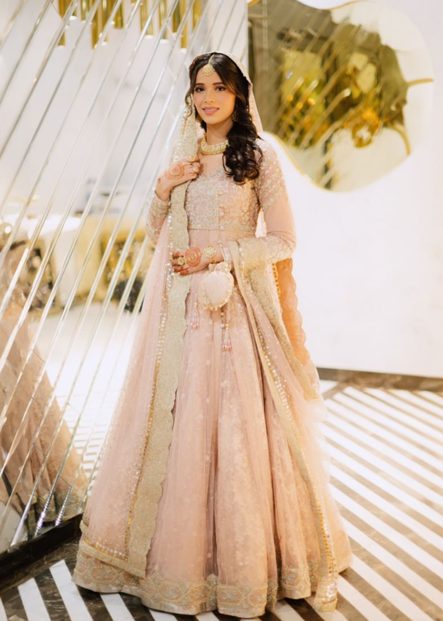 Blush Pink Embroidered Net Bridal Lehenga (3-Piece) - Image 1