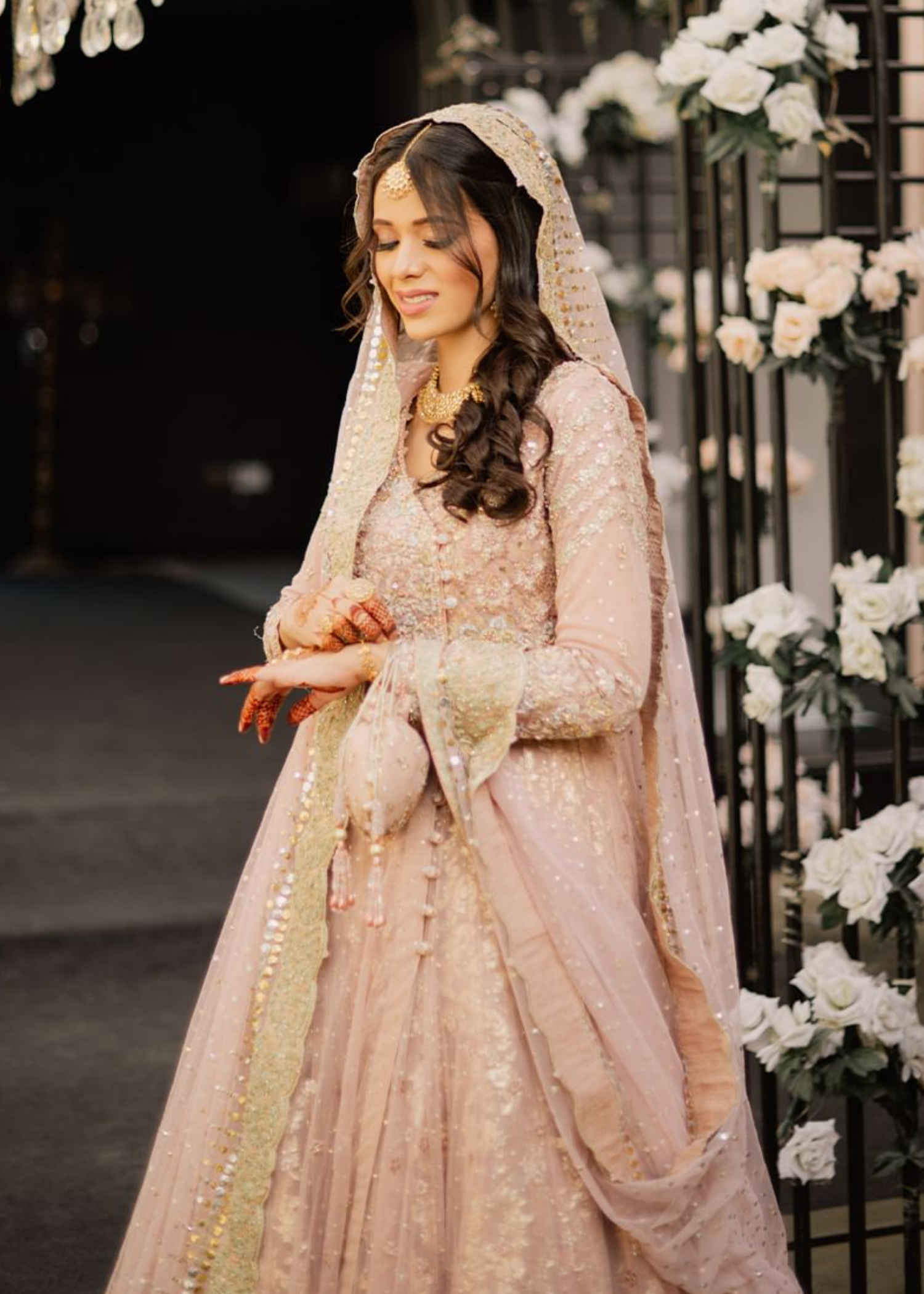 Blush Pink Embroidered Net Bridal Lehenga (3-Piece) - Image 2